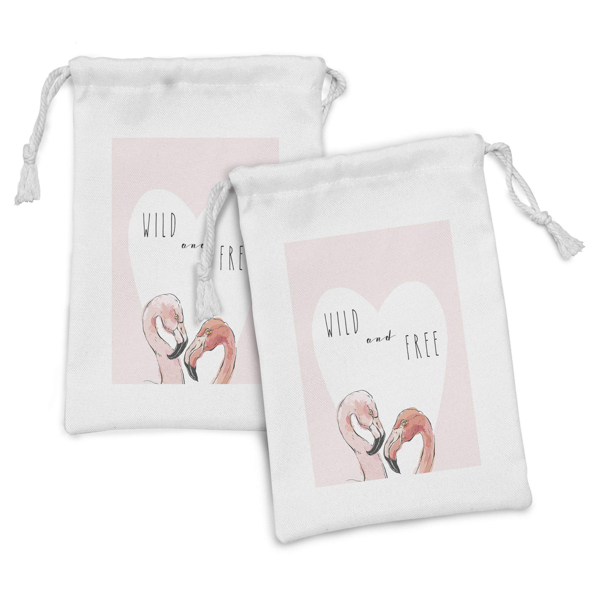 Ambesonne Wild and Free Fabric Pouch Set of 2 - Romantic Pink Flamingos with Heart & Calligraphy, Small Drawstring Bag for Toiletries, Masks, Jewelry & Party Favors (9