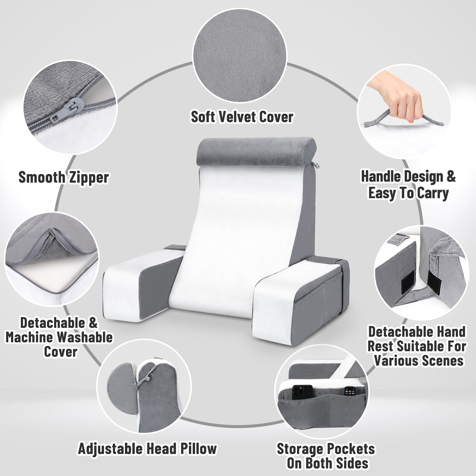 **Comfortable Reading Pillow for Adults - 19in Grey & White Back Support Pillow with Arms and Headrest for Sitting in Bed, Watching TV, or Relaxing - Solid Foam Chair for Ultimate Comfort**