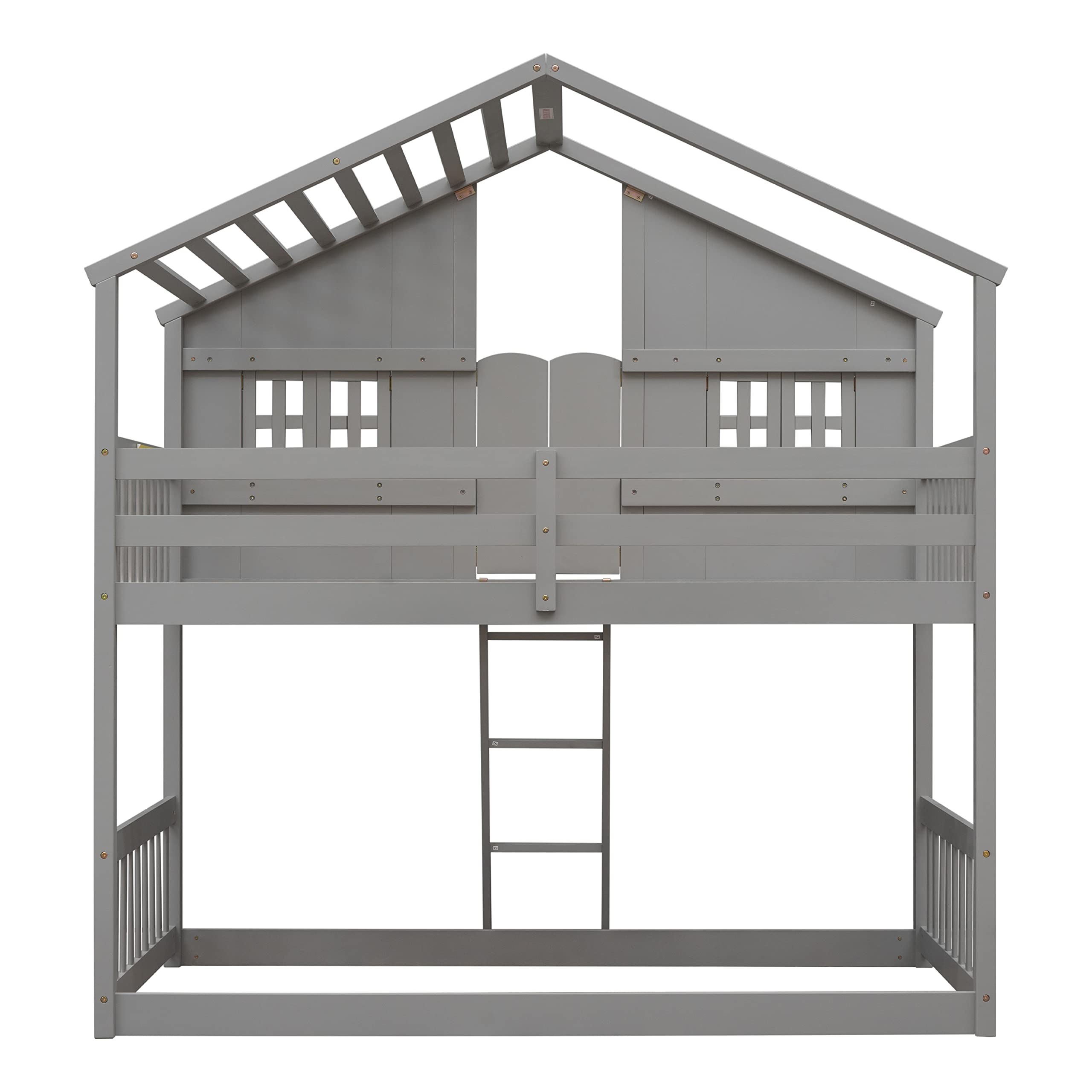 MERITLINE Twin Over Twin Wooden House Bunk Bed with Roof, Window, Window Box & Door - Grey Kids Bunk Bed for Boys, Girls & Teens | Perfect for Small Bedrooms, Shared Kids Rooms & Space-Saving Sleep Solutions