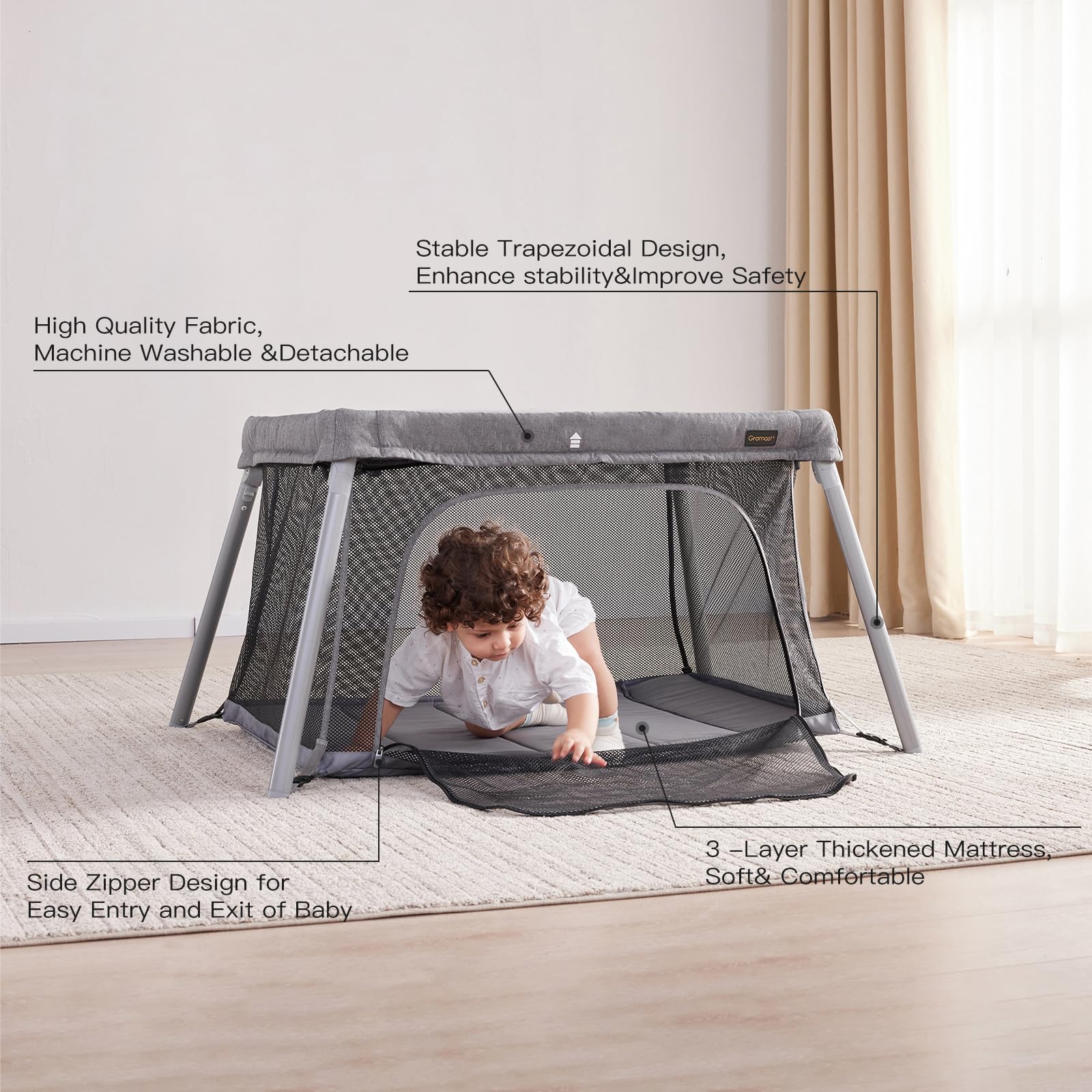 2 in 1 Portable Travel Crib & Playpen for Toddlers - Lightweight Foldable Baby Travel Bed with Soft Mattress for Indoor, Outdoor, Camping & Airplane Use (Grey)