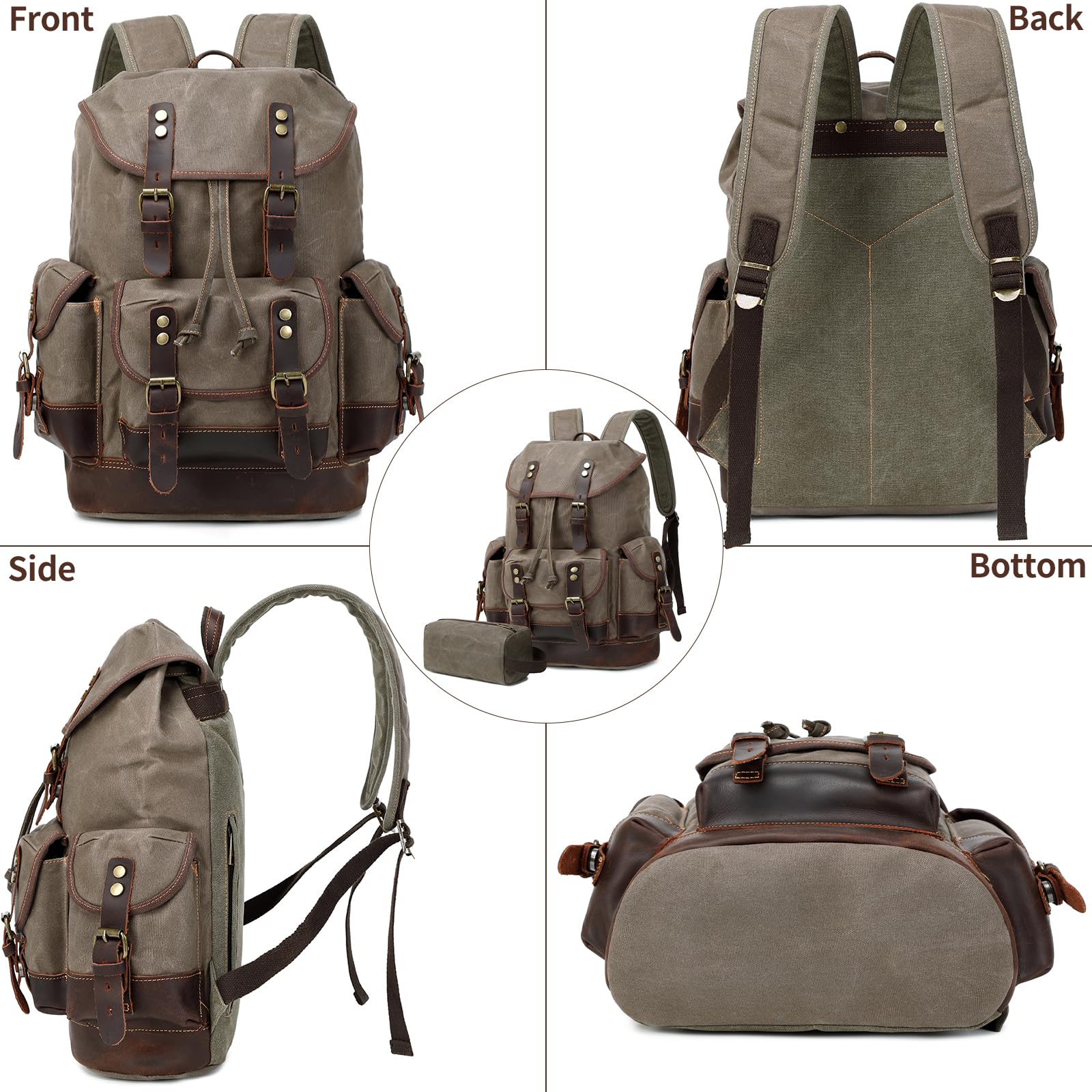 Vintage Leather Canvas Backpack for Men & Women - Waxed Canvas Shoulder Rucksack with Toiletry Bag - Durable Laptop Travel Backpack for Business, Hiking & Daily Commute (Army Green)