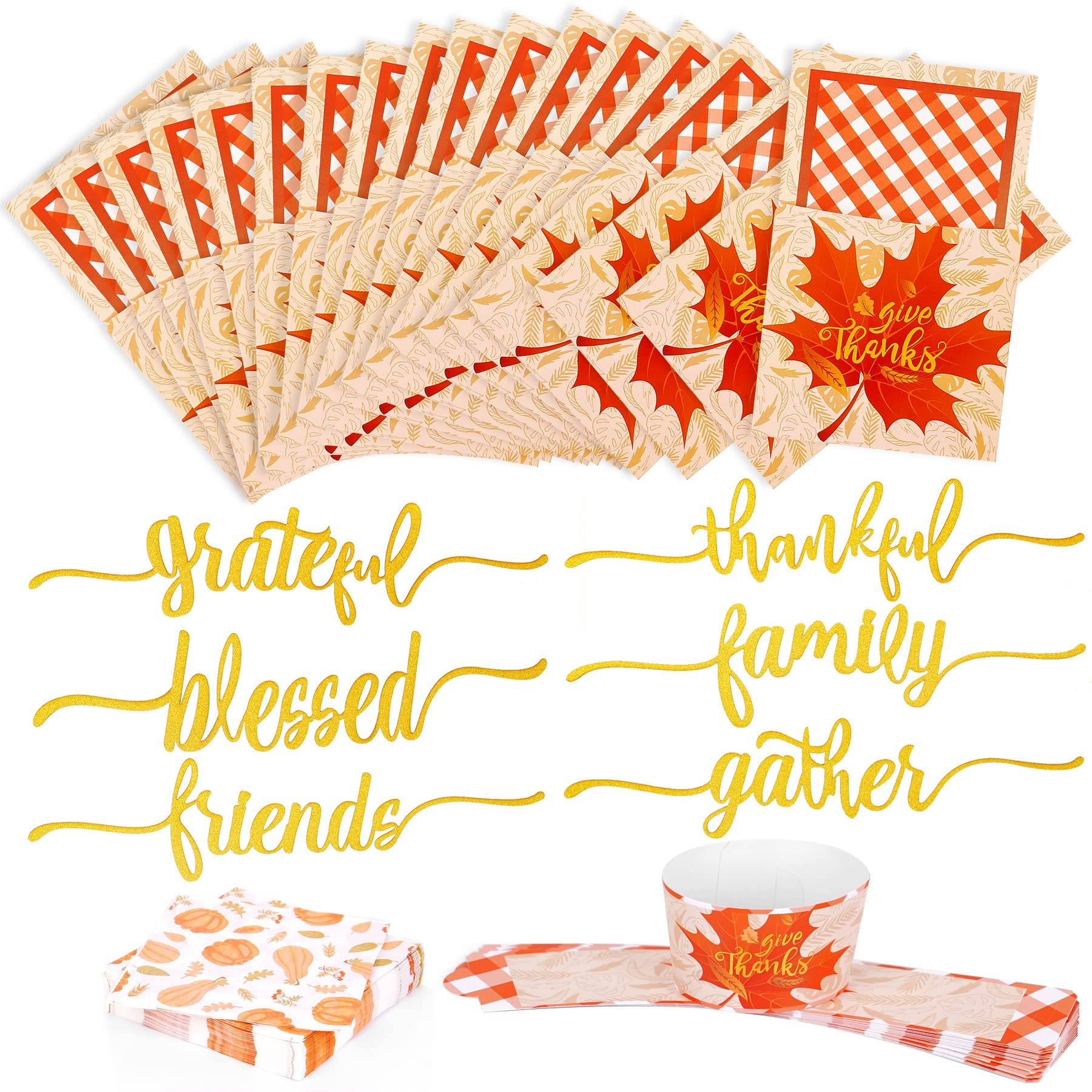 Thanksgiving Table Decor Set - 18-Piece Cutlery Holder, 50 Napkins, 18 Paper Cup Sleeves & Grateful Word Cutouts - Glitter Turkey Utensil Decor for Holiday Dining & Party Settings