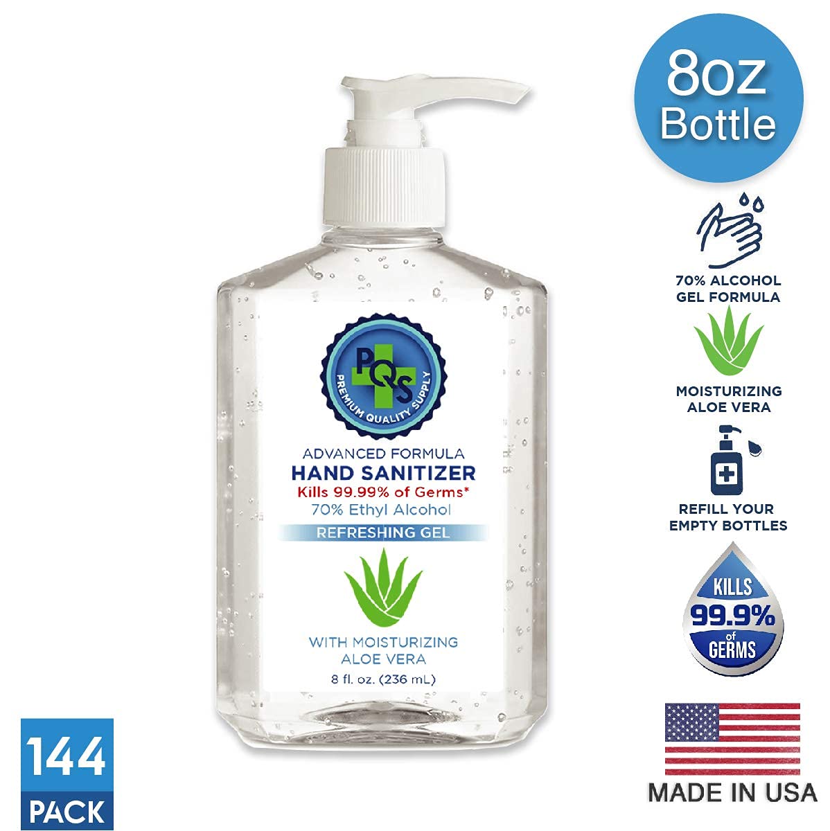 70% Alcohol Hand Sanitizer Gel with Aloe Vera - 8oz Bottle with Pump Dispenser (Pack of 144) - Ideal for Offices, Schools, Hospitals & Public Spaces