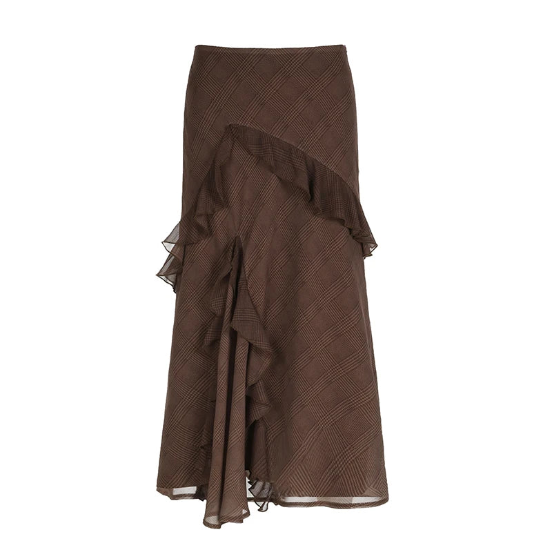 Elegant Asymmetrical Brown Boho Long Skirt - Vintage Chiffon Ruffles Stitched Plaid Skirt for Women | Perfect for Autumn Parties, Weddings & Boho Fashion Outfits