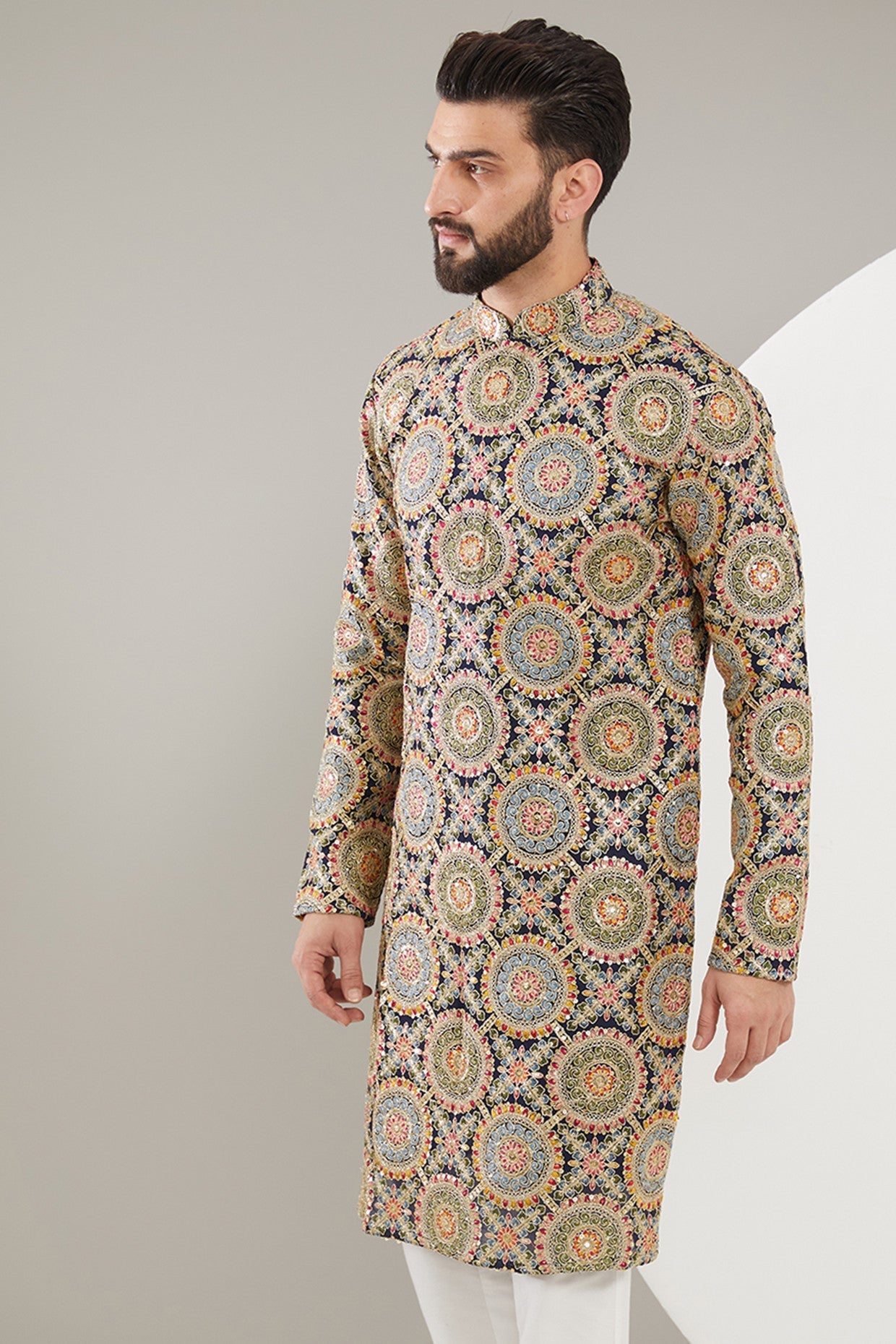 Navy Blue Embroidered Kurta with Heavy Multi-Thread & Zari Work - Elegant Traditional Indian Attire for Weddings, Festivals & Special Occasions