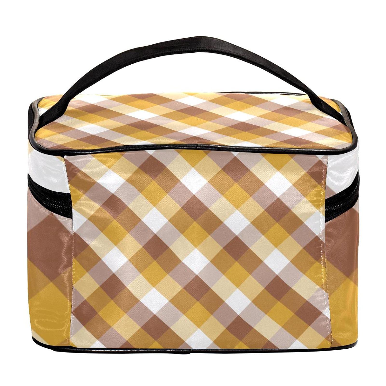 Brown Yellow White Check Pattern Large Travel Makeup Bag - Waterproof Cosmetic Organizer with Zipper for Women & Girls | Perfect for Travel, Gym, Beach & Daily Use