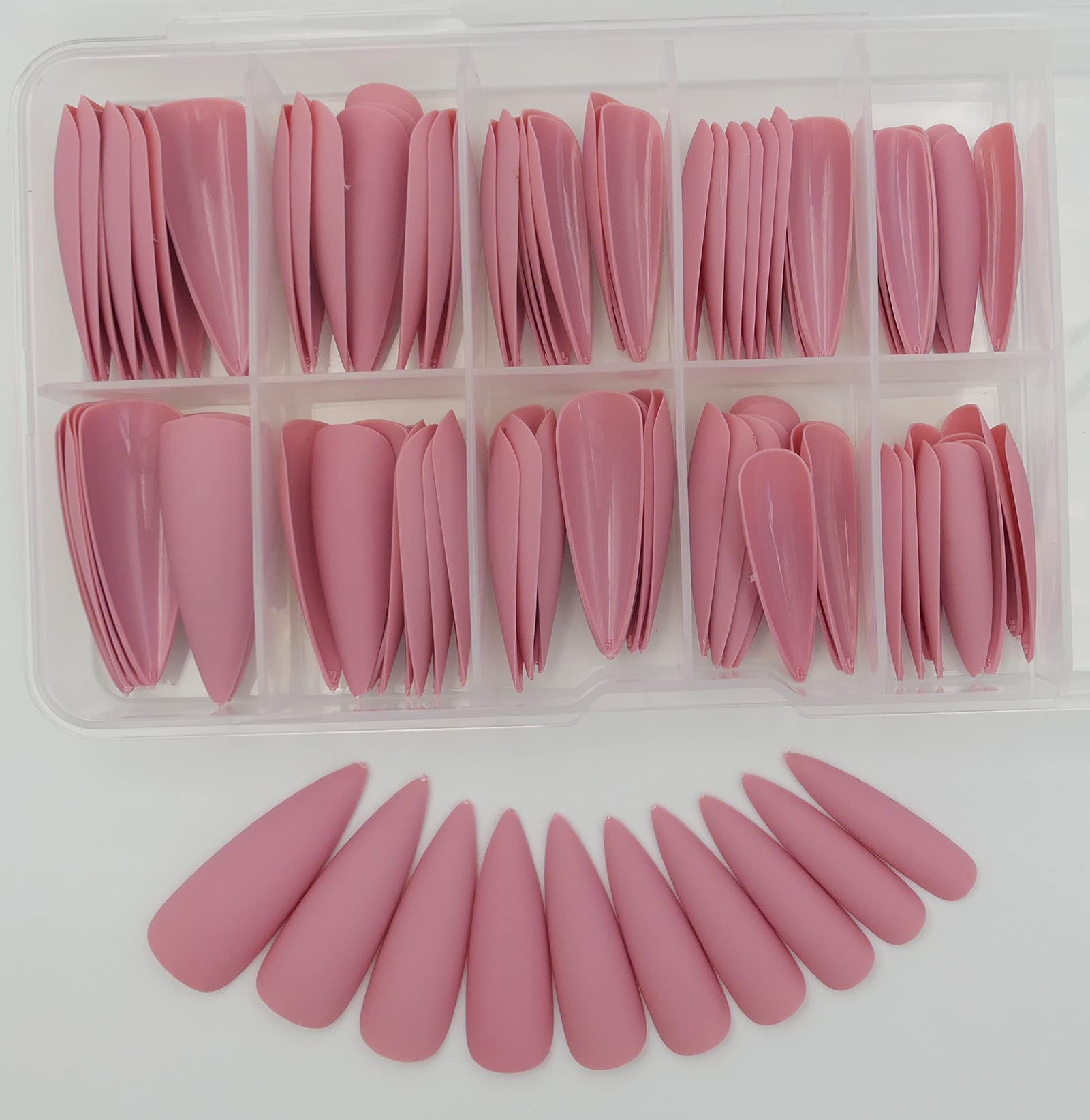 LoveOurHome 100pc Long Stiletto Press-On Nails - Matte Fake Nails, Pointy Acrylic Nail Tips for Women & Girls | Full Cover Artificial Fingernails in Pink | Perfect for Parties, Weddings & Special Occasions