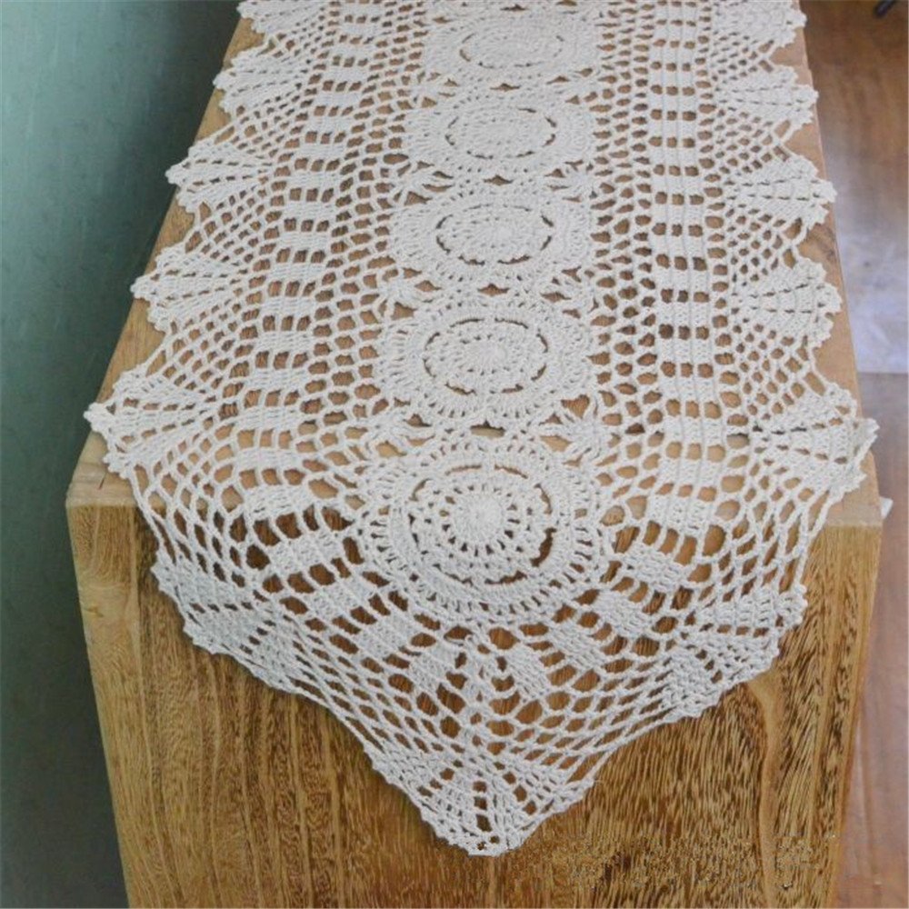 Handmade Crochet Oval Table Runner - Floral Lace Doily for Coffee Table, Dining Table Decor - 11x39 Inches Beige Home Decor for Farmhouse, Boho, Vintage Style
