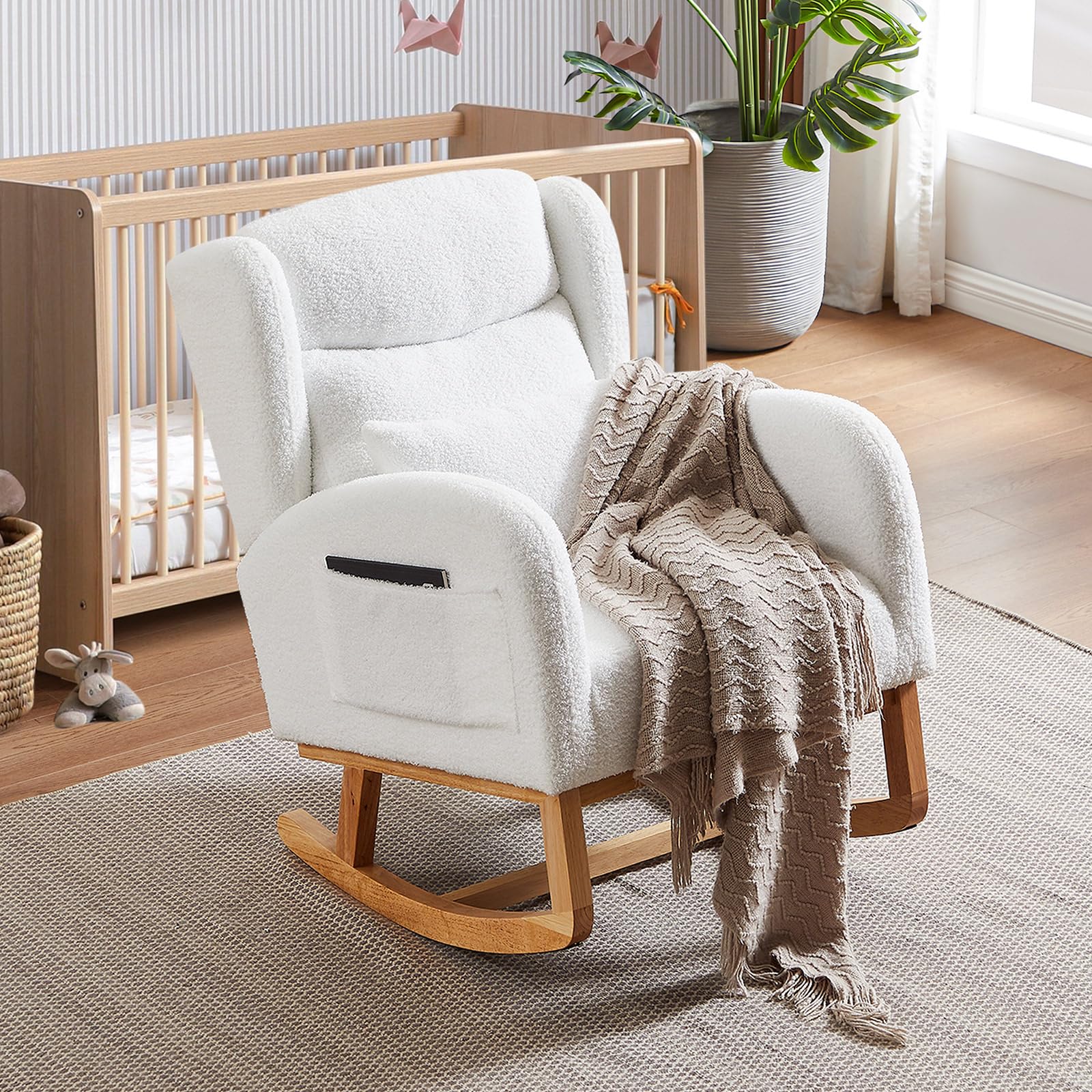 Antetek Modern Teddy Upholstered Rocking Chair - High Back Wingback Nursery Rocker with Lumbar Support Pillow - Comfortable Accent Armchair for Living Room, Bedroom & Nursery (Ivory) | Perfect for Nursing, Reading & Relaxation