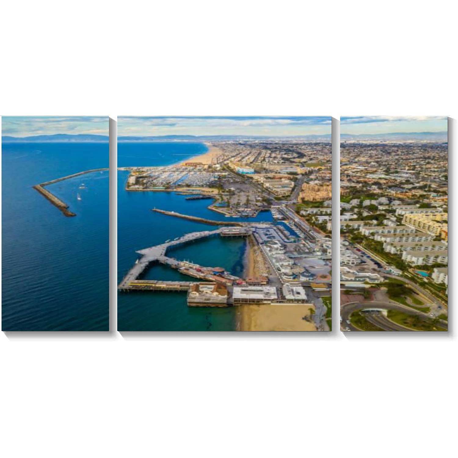 3 Panels Canvas Wall Art - Redondo Beach Pier California Aerial View, HD Print Stretched Framed Painting, Ready to Hang Wall Decor for Living Room, Office, Bedroom | Coastal Home Decor, Beach House Wall Art