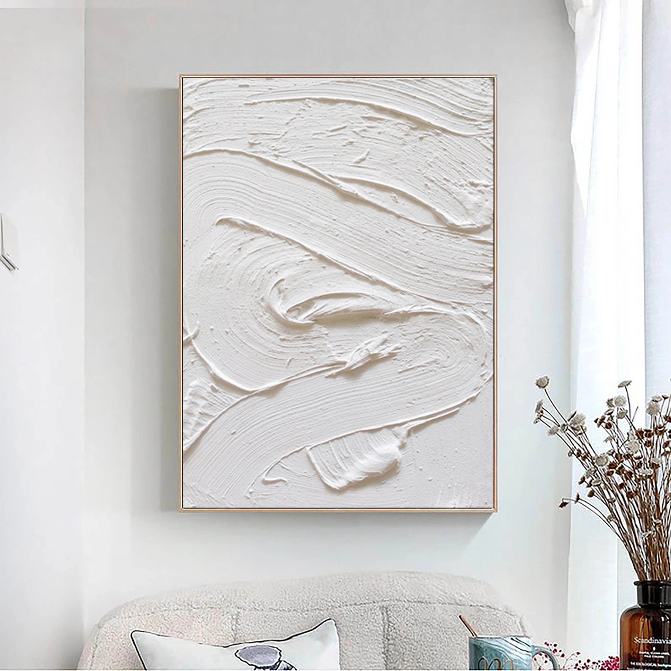 White Minimalist Textured Painting Canvas Wall Art - Modern Abstract Home Decor for Living Room, Bedroom & Office | High-Quality Stretched Canvas #MM005