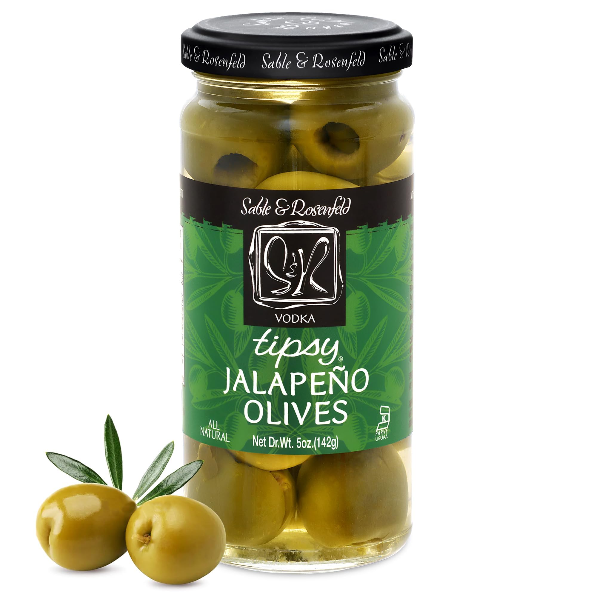Premium Stuffed Green Olives with Jalapeño in Vodka - Large Cocktail Garnish for Martinis, Bloody Mary & Vodka Drinks - Kosher Certified by Sable & Rosenfeld - 5 Oz Pack (Ideal for Home Bars, Parties & Gourmet Gift Giving)