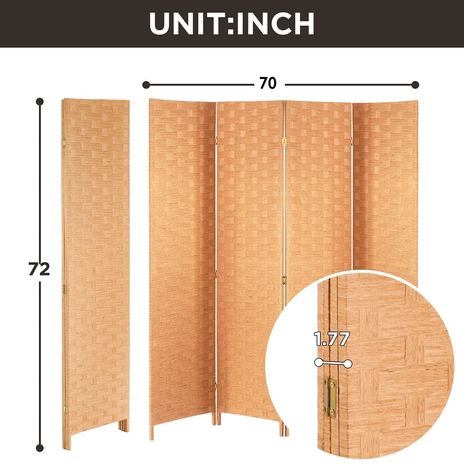 4 Panel Wooden Room Divider Privacy Screen - 72 Inch Folding Partition with Rattan Woven Design - Handcrafted Portable Wall Divider for Office, Patio, Bedroom, and Living Room - Natural Finish for Home & Commercial Spaces