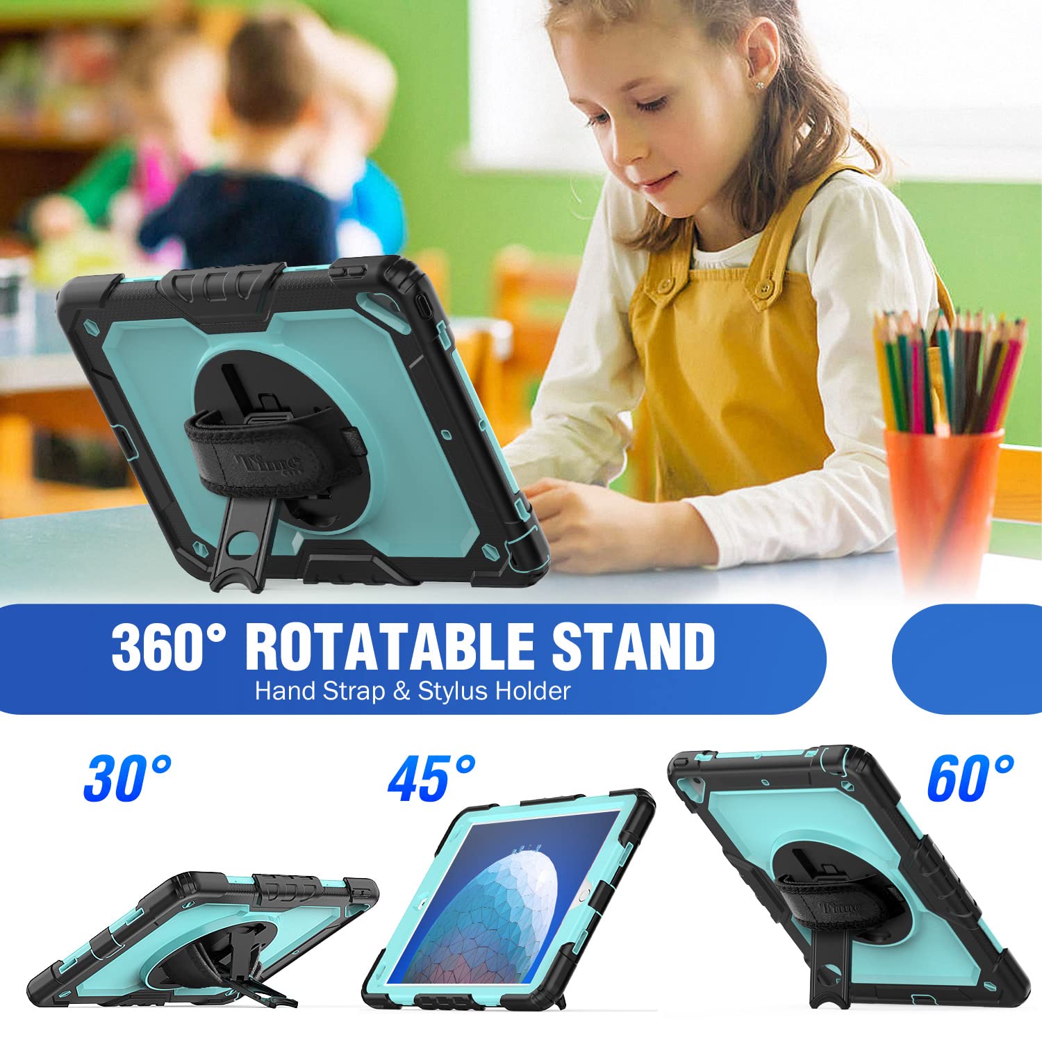Heavy Duty iPad Air 3rd Gen Case & iPad Pro 10.5 Case with Kickstand, Anti-Slip Grip, Screen Protector & Adjustable Strap - Light Blue | Perfect for Work, Travel & Outdoor Use