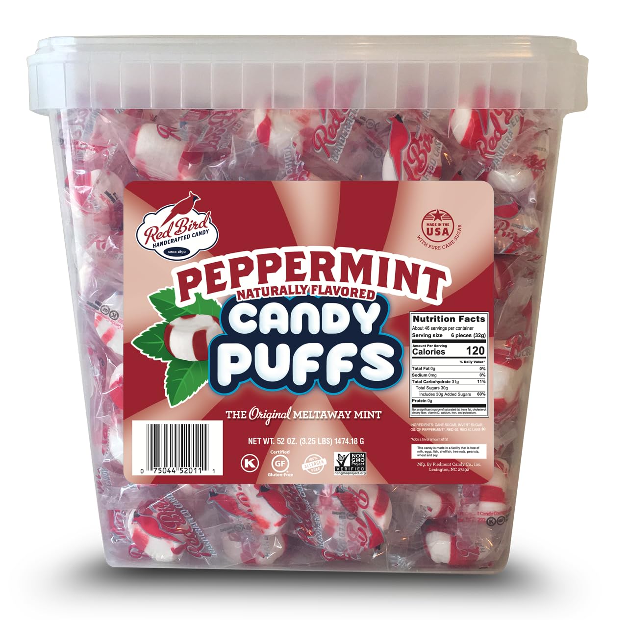 Red Bird Soft Peppermint Candy - Individually Wrapped Gluten Free Breath Mints, 52 oz Bulk Tub - Fresh Breath Solution for Office, Car & Travel