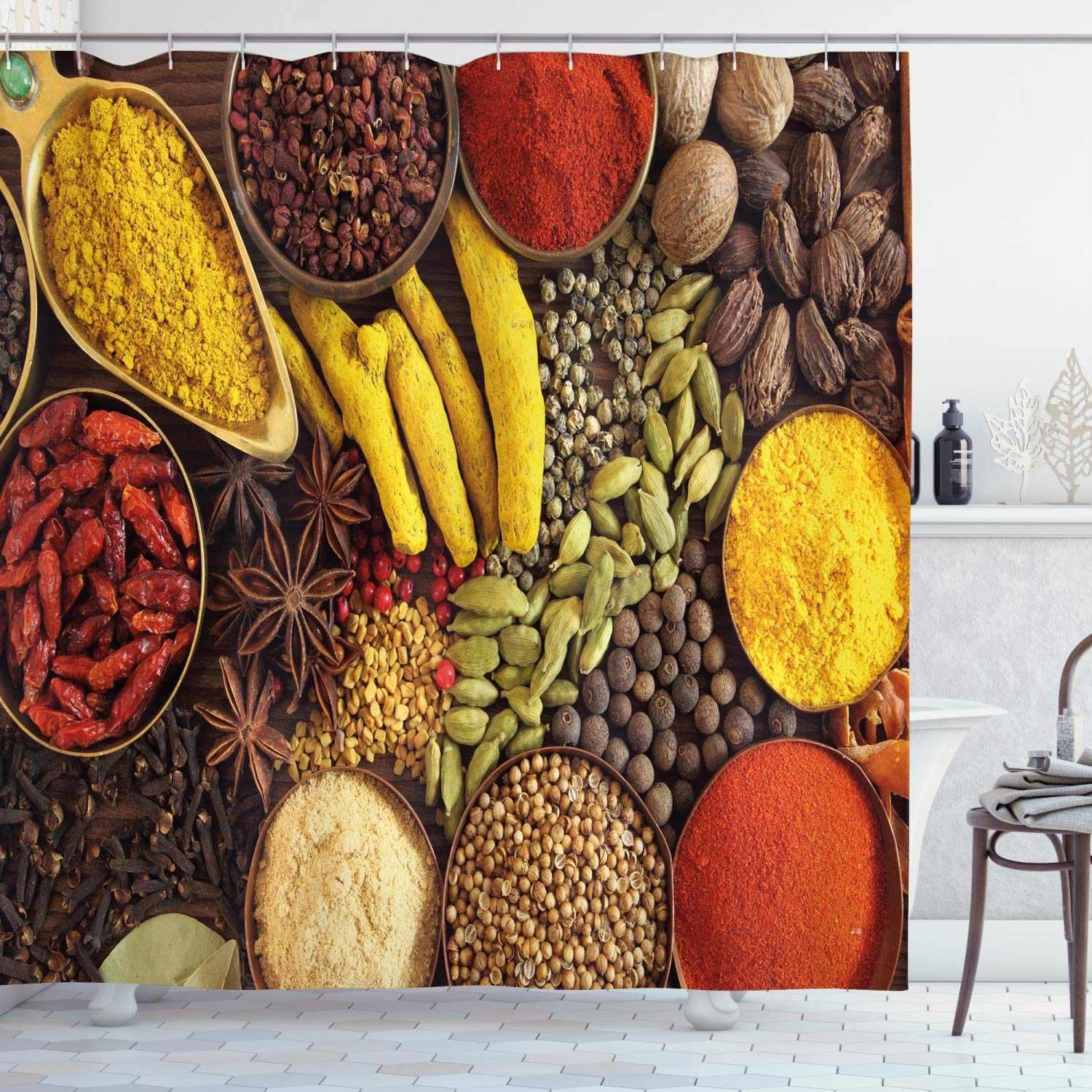 Ambesonne Spice Shower Curtain - Traditional Herbs & Spices Top View Design, 69x75 Inch Colorful Fabric Bathroom Decor with Hooks | Perfect for Farmhouse, Rustic, or Boho Style Bathrooms