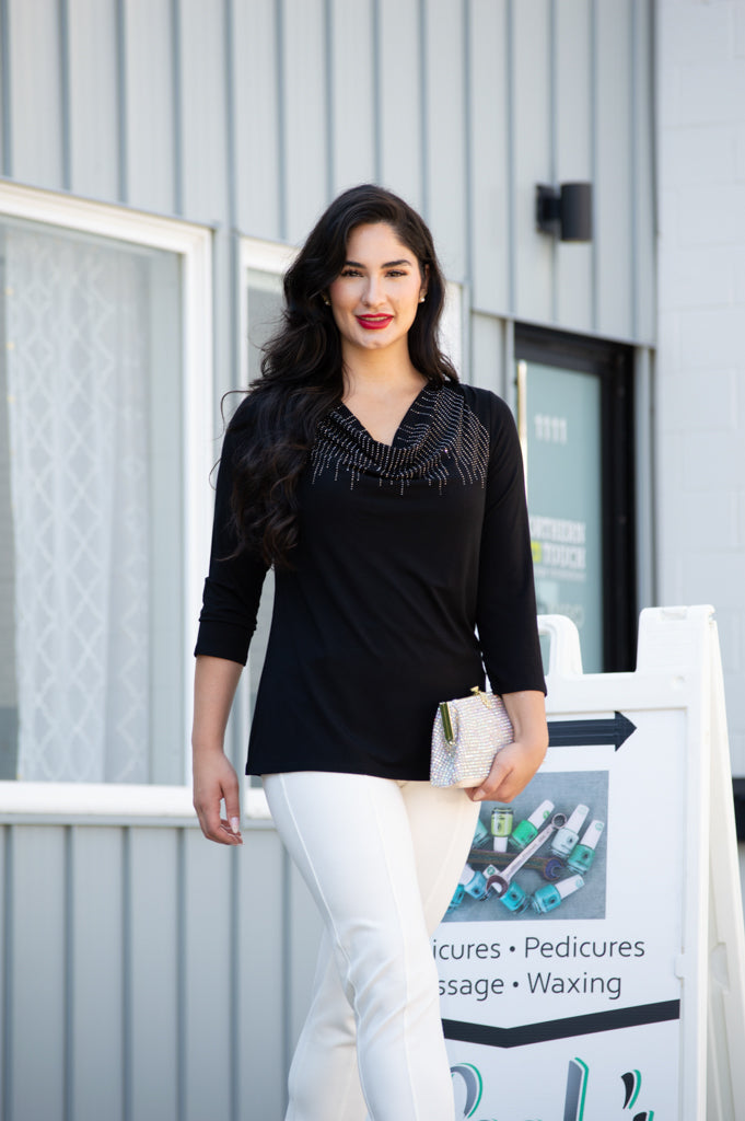 Charisse 3/4 Sleeve Women's Bamboo Top - Soft & Breathable Black Diamond Print - Perfect for Yoga, Workouts & Casual Wear