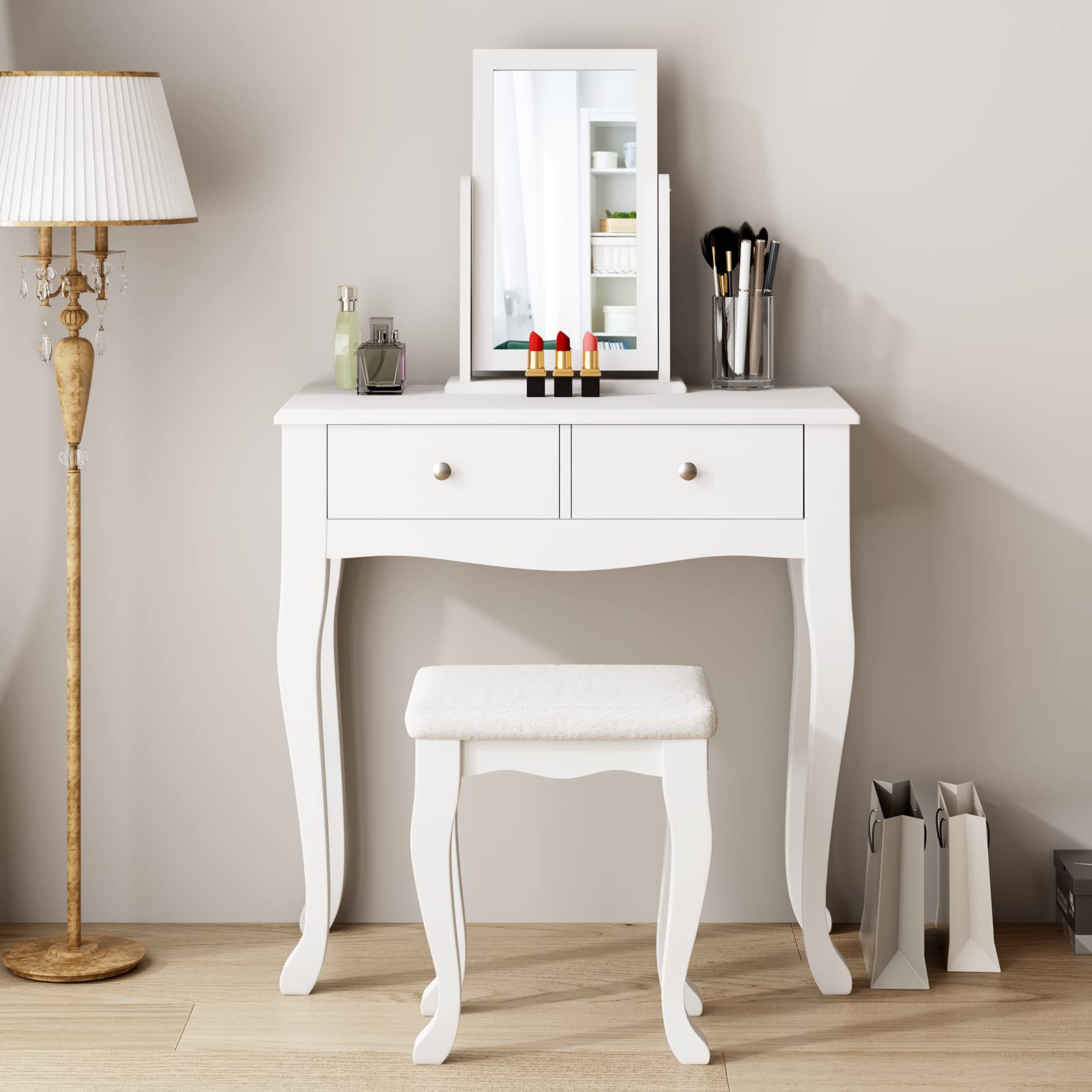 Soges White Makeup Vanity Table Set with 2-Drawer Dresser Desk, 360° Rotating Mirror & Cushioned Stool - Elegant Bedroom Dressing Table for Women's Beauty Routine, Cosmetics Organization & Home Decor