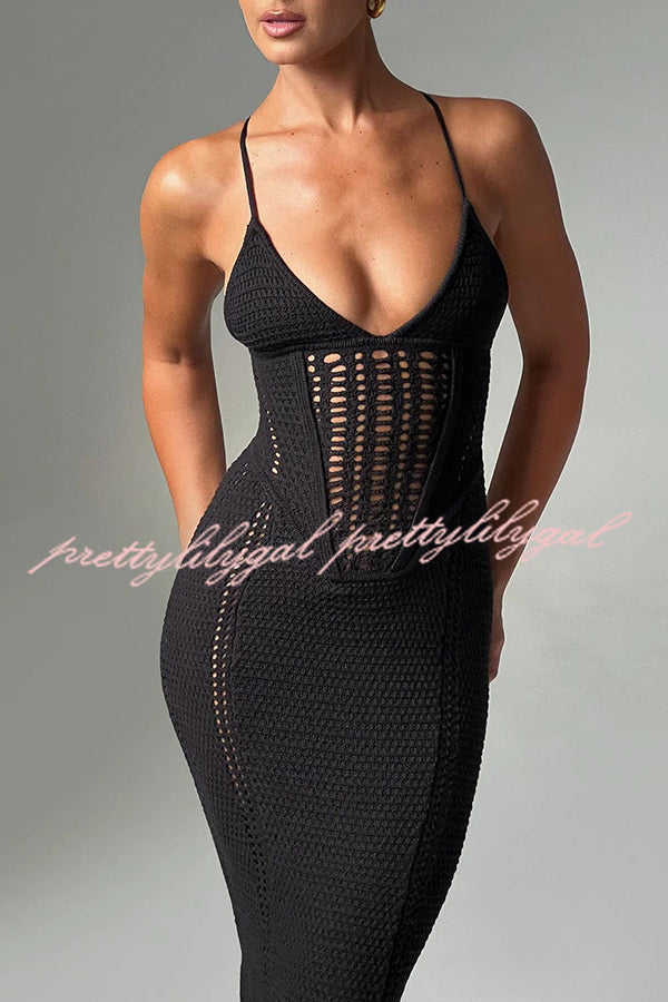 Elegant Knit Crochet Hollow Out Back Lace Up Stretch Maxi Dress for Women - Summer Beach Vacation & Boho Chic Outfit