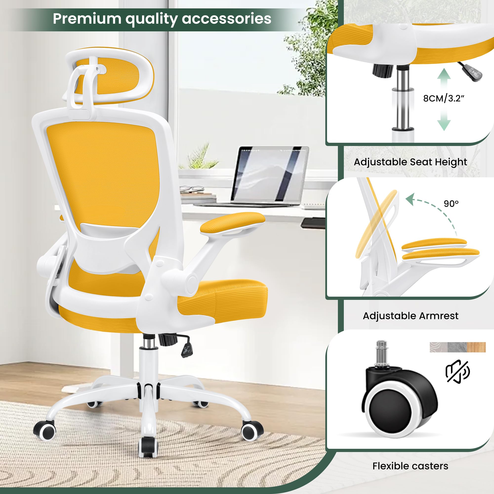 KERDOM Ergonomic Office Chair - Breathable Mesh Desk Chair with Lumbar Support, Adjustable Headrest & Flip-Up Arms - Swivel Task Chair & Height-Adjustable Gaming Chair in Yellow - Perfect for Home Office, Gaming Setup & Workspaces