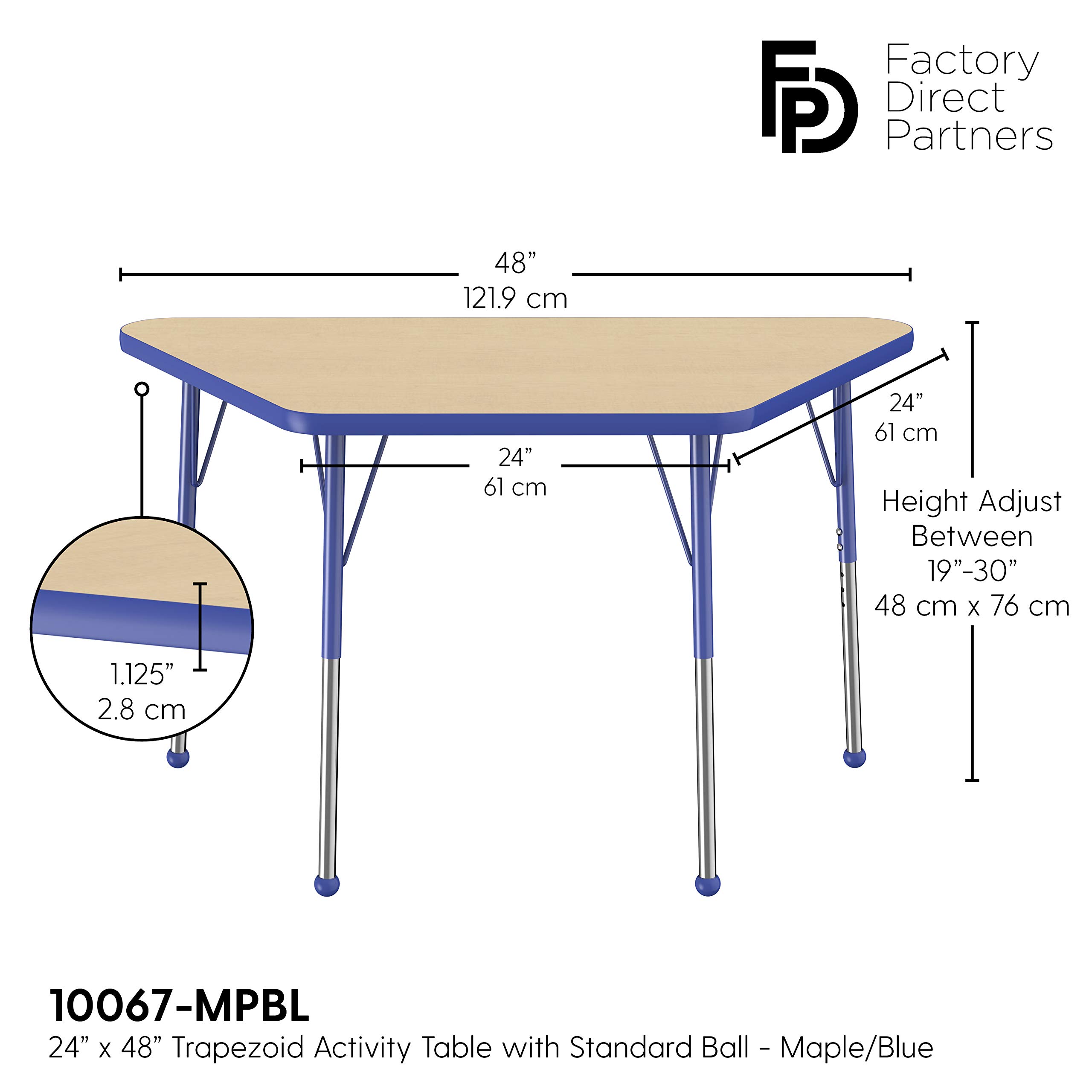 FDP Adjustable Height Trapezoid Activity Table - 24 x 48 Inch Maple Top with Blue Edge for School, Office & Collaborative Workspaces | 19-30 Inch Height Range with Standard Legs & Ball Glides - Perfect for Classrooms, Meeting Rooms & Team Projects