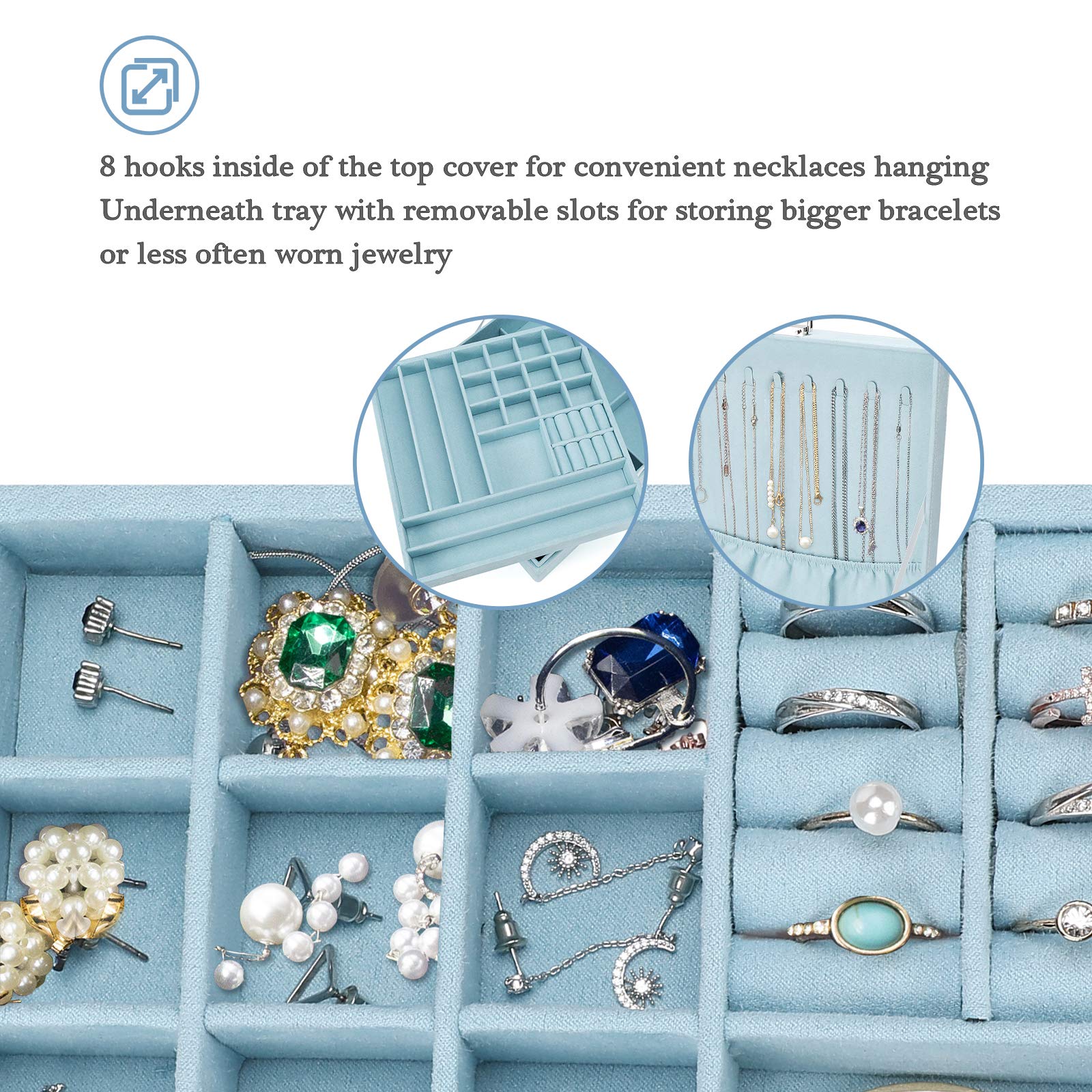 ProCase Velvet Jewelry Box Organizer for Women - 2 Layer Jewelry Display Storage Case for Necklaces, Earrings, Bracelets & Rings - Blue - Perfect for Travel, Home Decor & Gift Giving