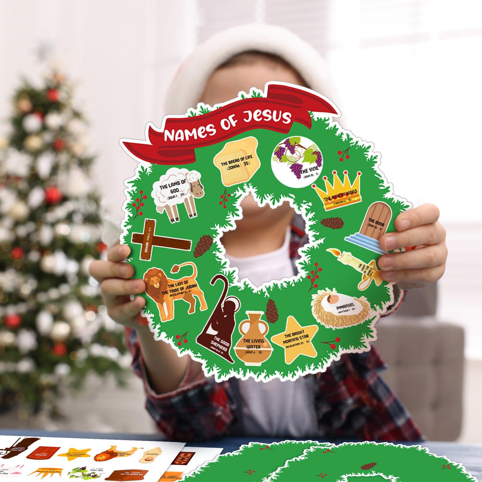Geetery 24 Pack Sunday School Religious Crafts for Kids - Names of Jesus Wreath Craft Kit, DIY Hanging Christmas Ornament, Paper Craft Kits for Fun Home Activities - Perfect for Church Events, Bible Study & Holiday Decorations