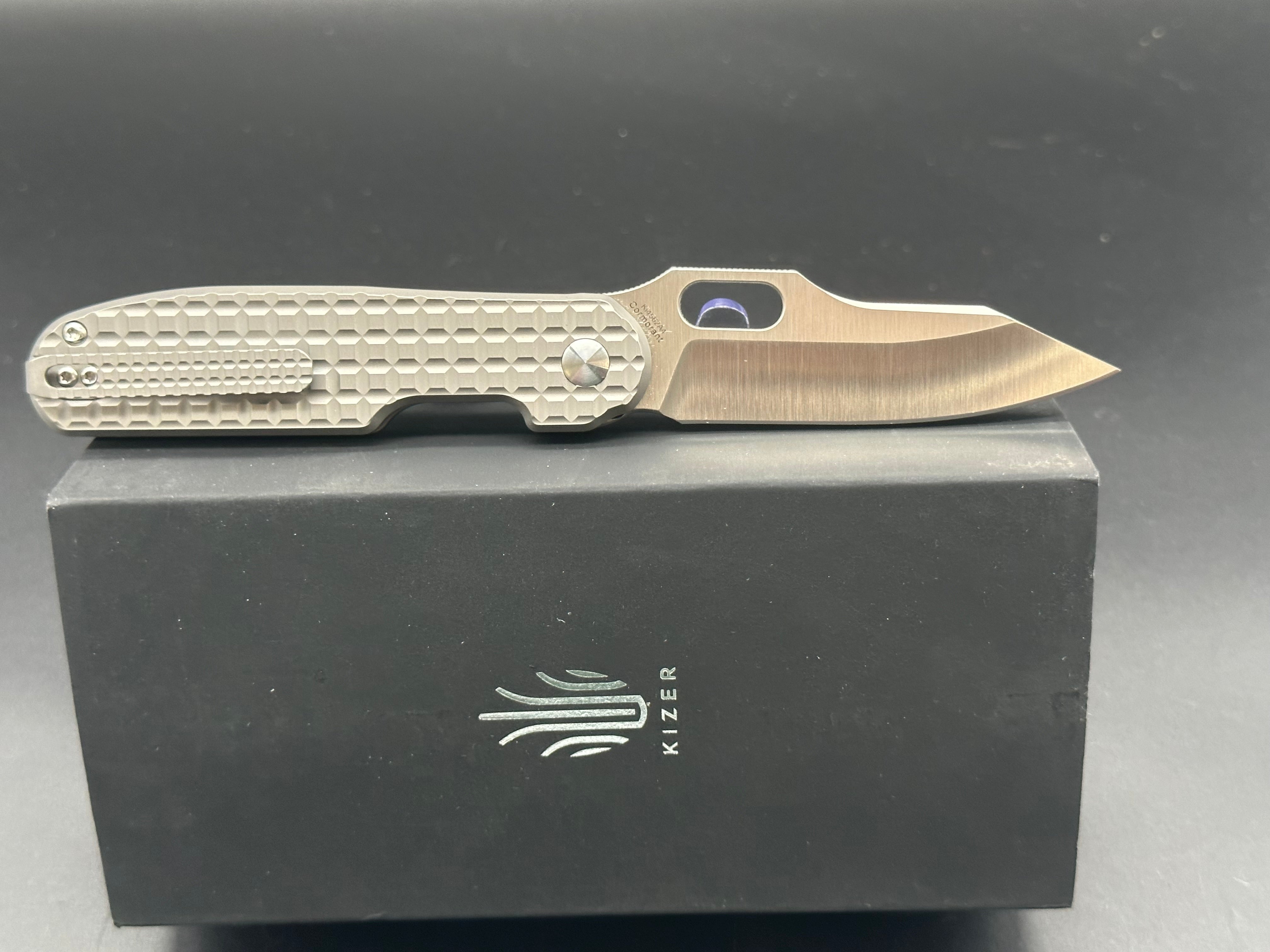 Kizer Cormorant Textured Titanium Button Lock Folding Knife - 20CV Steel Blade, EDC Pocket Knife for Outdoor, Camping, and Everyday Carry