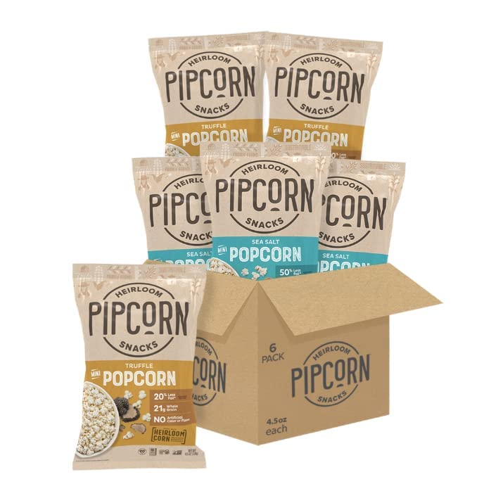 Pipcorn Heirloom Mini Popcorn Variety Pack - Sea Salt & Truffle (4.5oz, 6pk) | Gluten Free Healthy Snacks | Non-GMO Heirloom Corn | Perfect for Movie Nights, Office Snacks & School Lunches