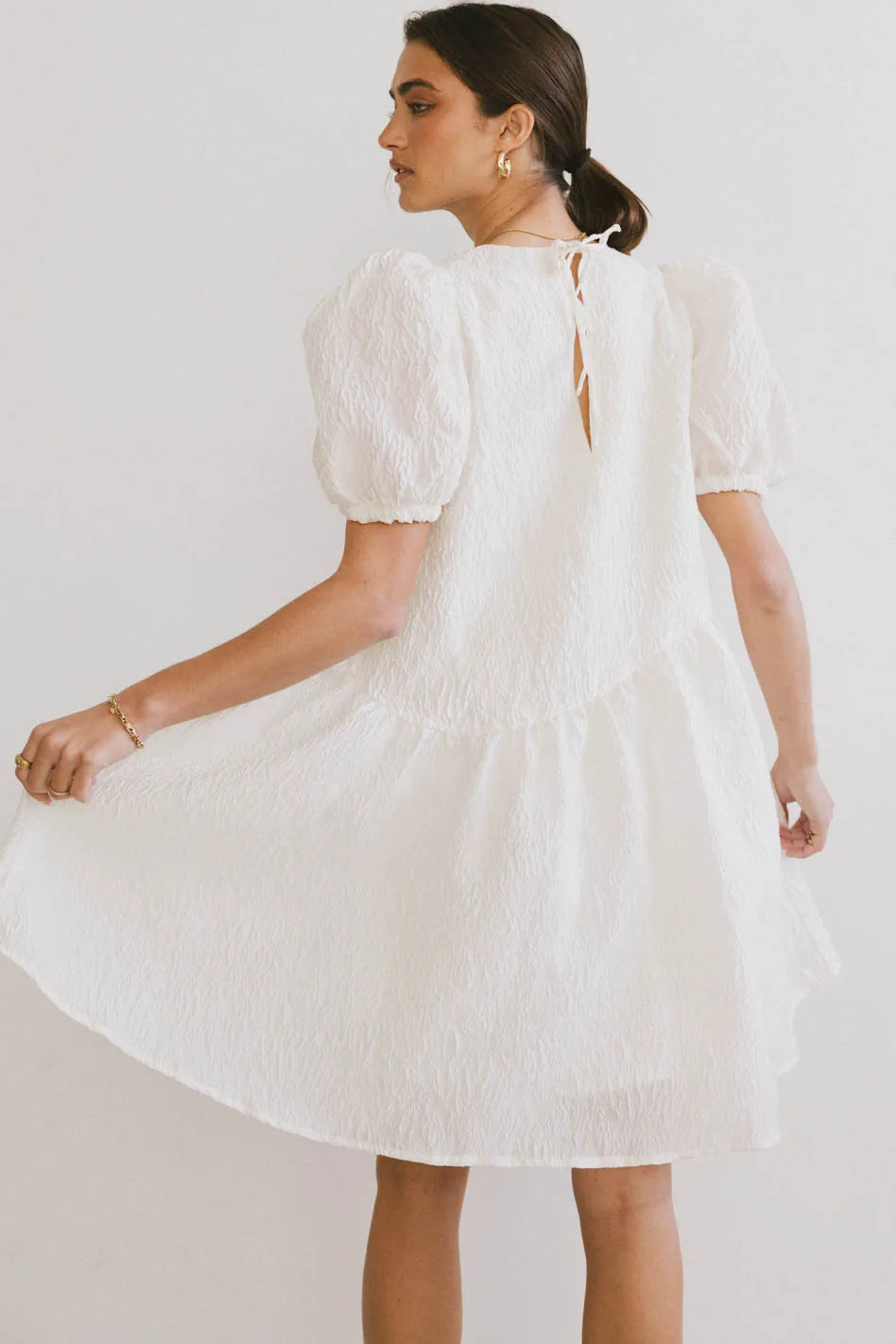 Maison Textured Mini Dress in White - Women's Elegant Party Cocktail Dress for Evening Events & Special Occasions | FINAL SALE