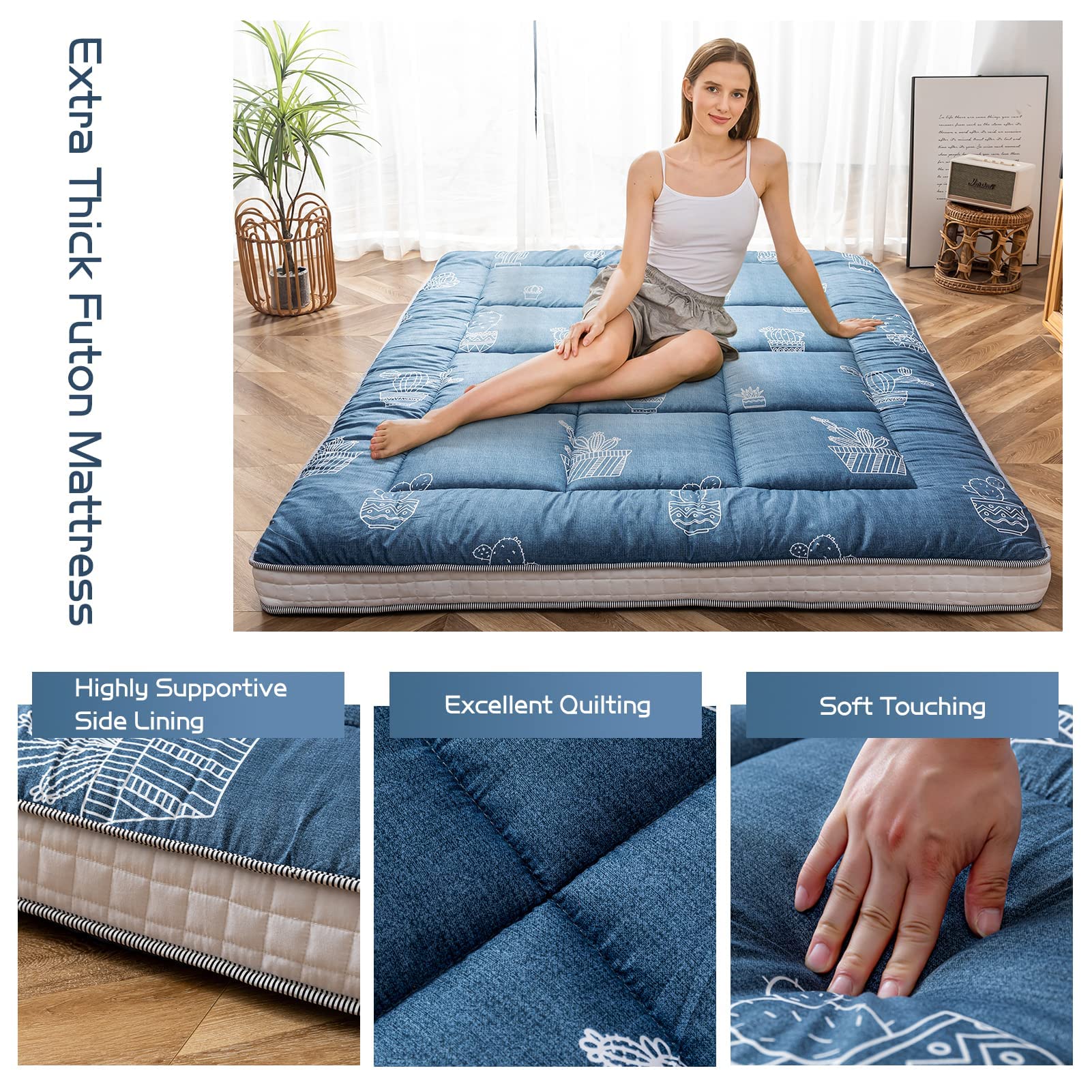 MAXYOYO Queen Size Futon Mattress - Grey Cactus Pattern Japanese Floor Mattress, Extra Thick Quilted Tatami Bed with Breathable Folding Design | Perfect for Guest Rooms, Camping & Couch Sleeping