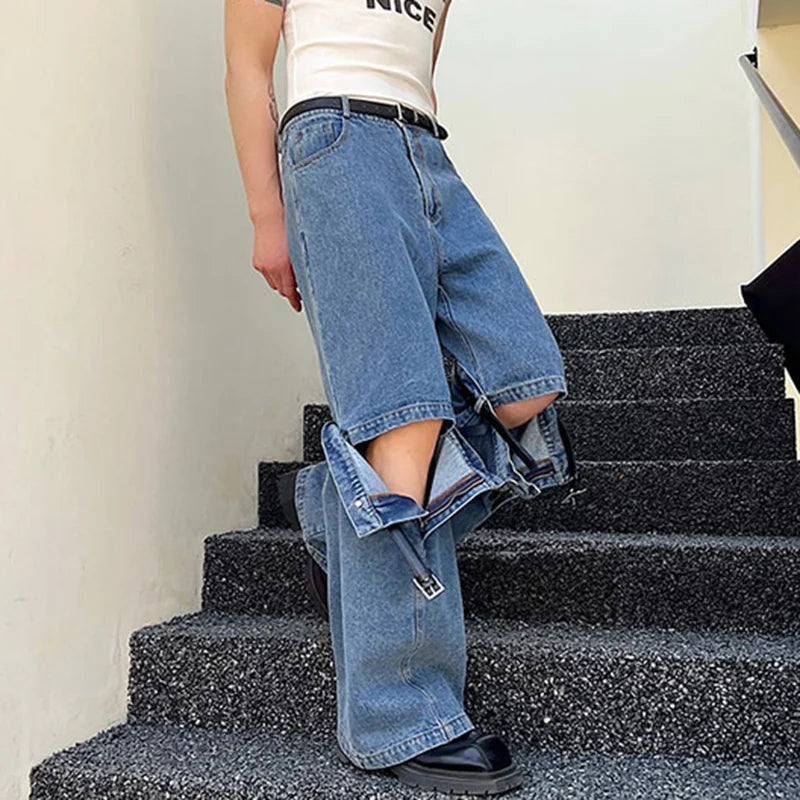 Men's Stylish Patchwork Washed Denim Jeans with Personalized Buckle Design - Solid Color Casual Pants for Spring | Perfect for Daily Wear, Office & Weekend Outfits