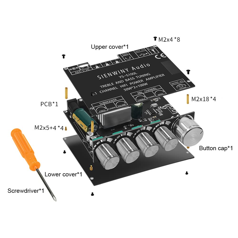 Portable Bluetooth 2.1 Channel Power Amplifier Board - 100W Stereo Subwoofer Amp Module with BT 5.0 for Home Audio, Car Audio, DIY Speaker Projects