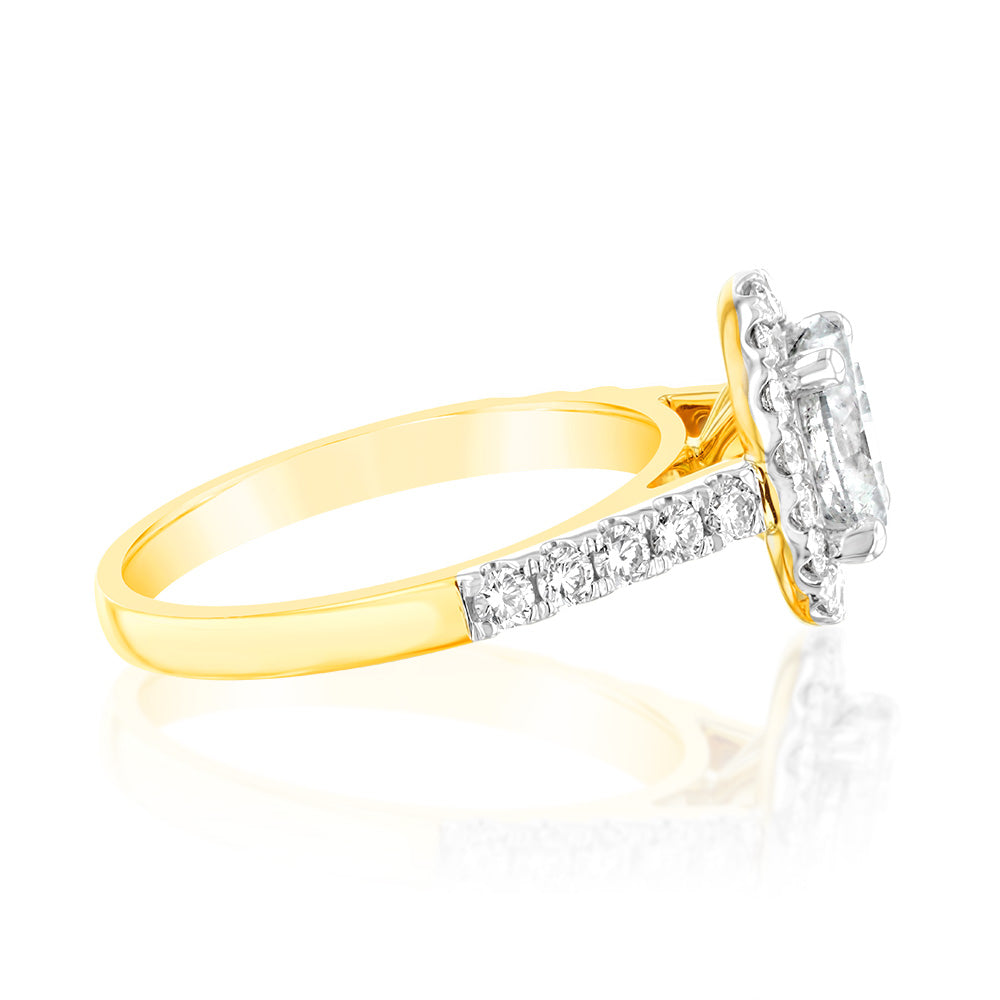 1.50 Carat Diamond Ring with 1 Carat Oval Center & 1/2 Carat Round Diamond Halo in 18K Yellow Gold - Elegant Engagement, Wedding, Anniversary Gift for Her