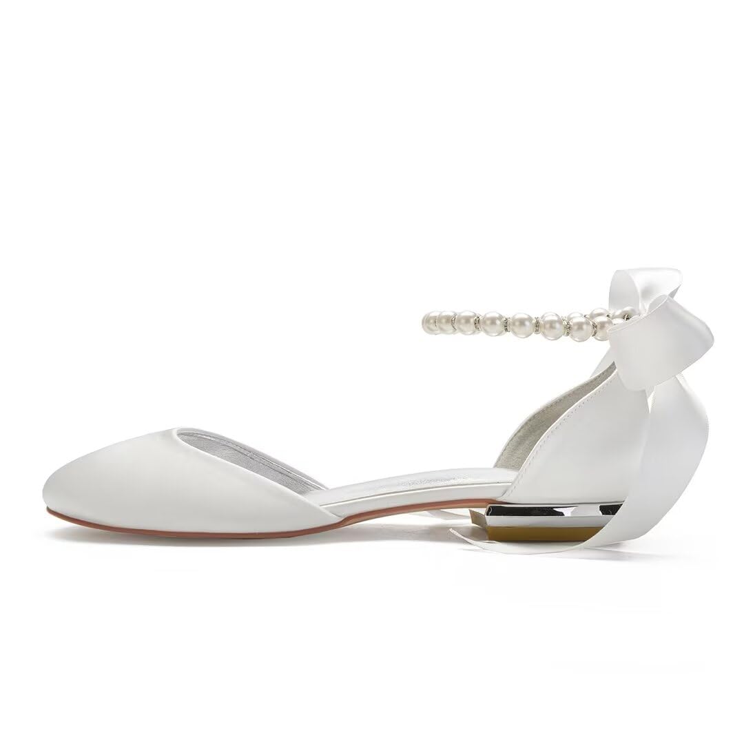 Elegant Satin Pearl Wedding Flats for Bride – Round Toe Women's Dress Shoes for Special Occasions – Perfect for Bridal Showers, Receptions & Formal Events