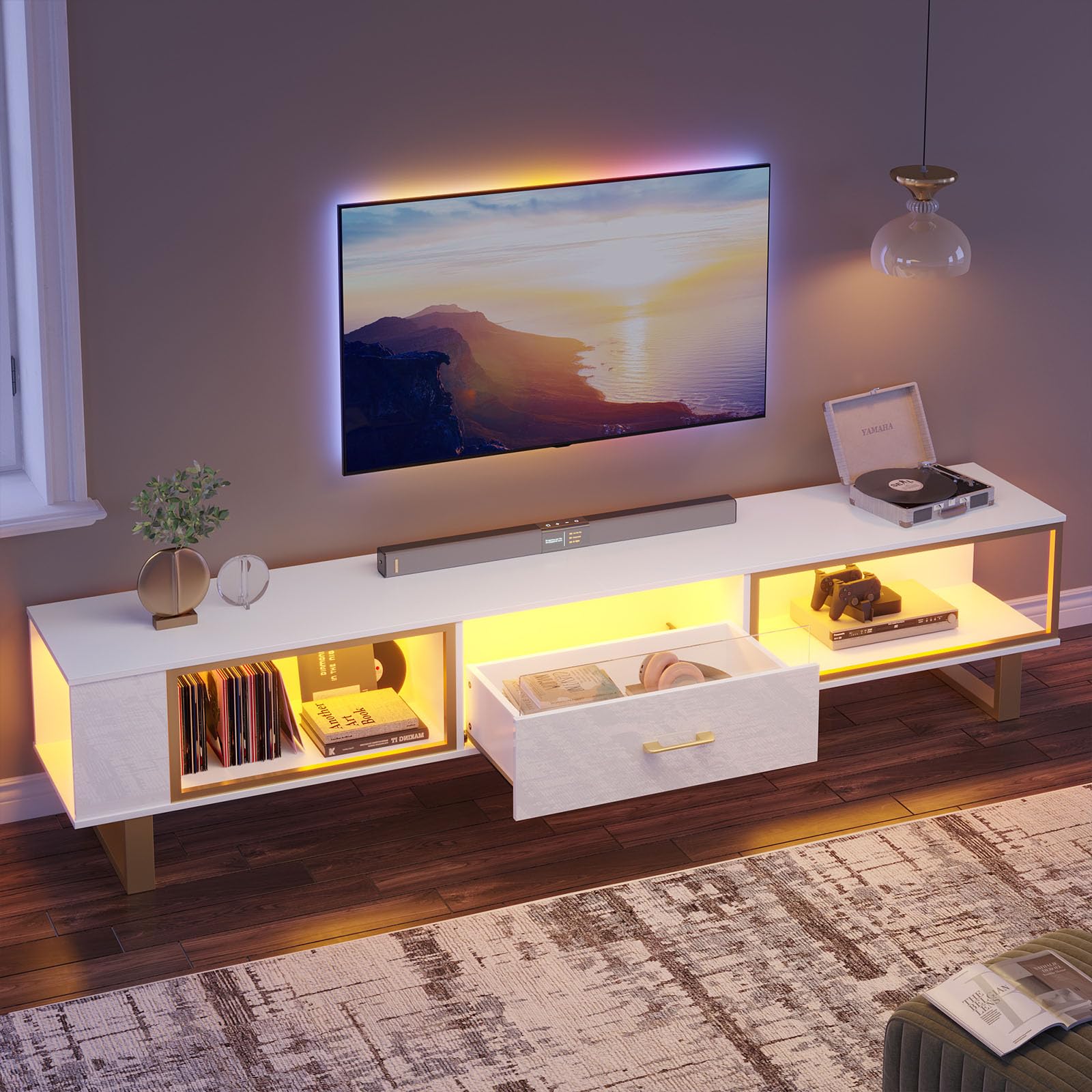 Bestier 80 Inch Modern TV Stand for 65-90 Inch TVs - High Gloss LED Gaming Entertainment Center with Open Storage & Half-Glass Drawers - White & Gold Media Console for Living Room, Bedroom & Home Theater Setup