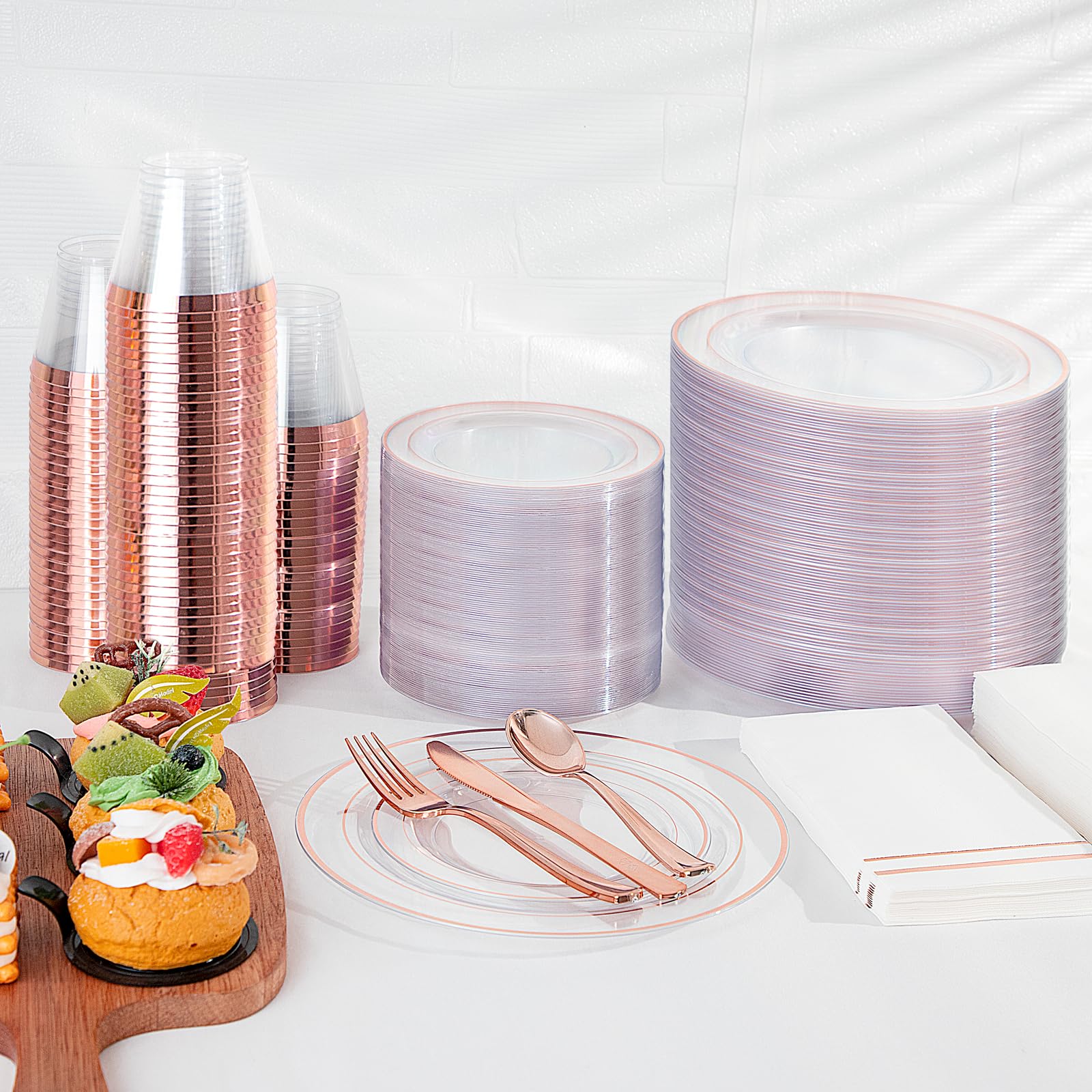 350-Piece Rose Gold Plastic Party Dinnerware Set - 100 Disposable Rose Gold Rimmed Plates, 150 Silverware, 50 Napkins & 50 Cups for Weddings, Easter, Birthday & Bridal Showers - Elegant Disposable Tableware for Special Occasions