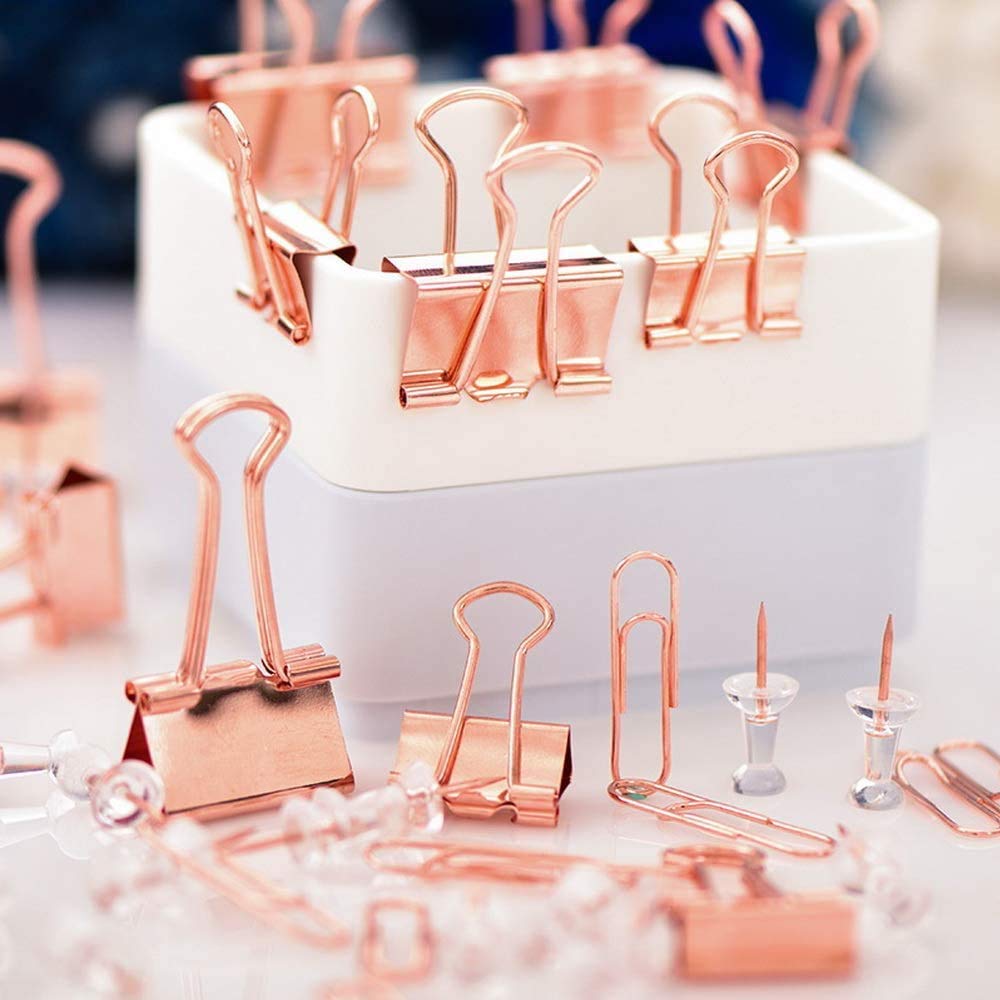 Premium Rose Gold Paper Clips & Binder Clips Set - Assorted Sizes Metal Office Supplies with Push Pins for Desk Organization | Perfect for Home Office, School Projects & Document Filing