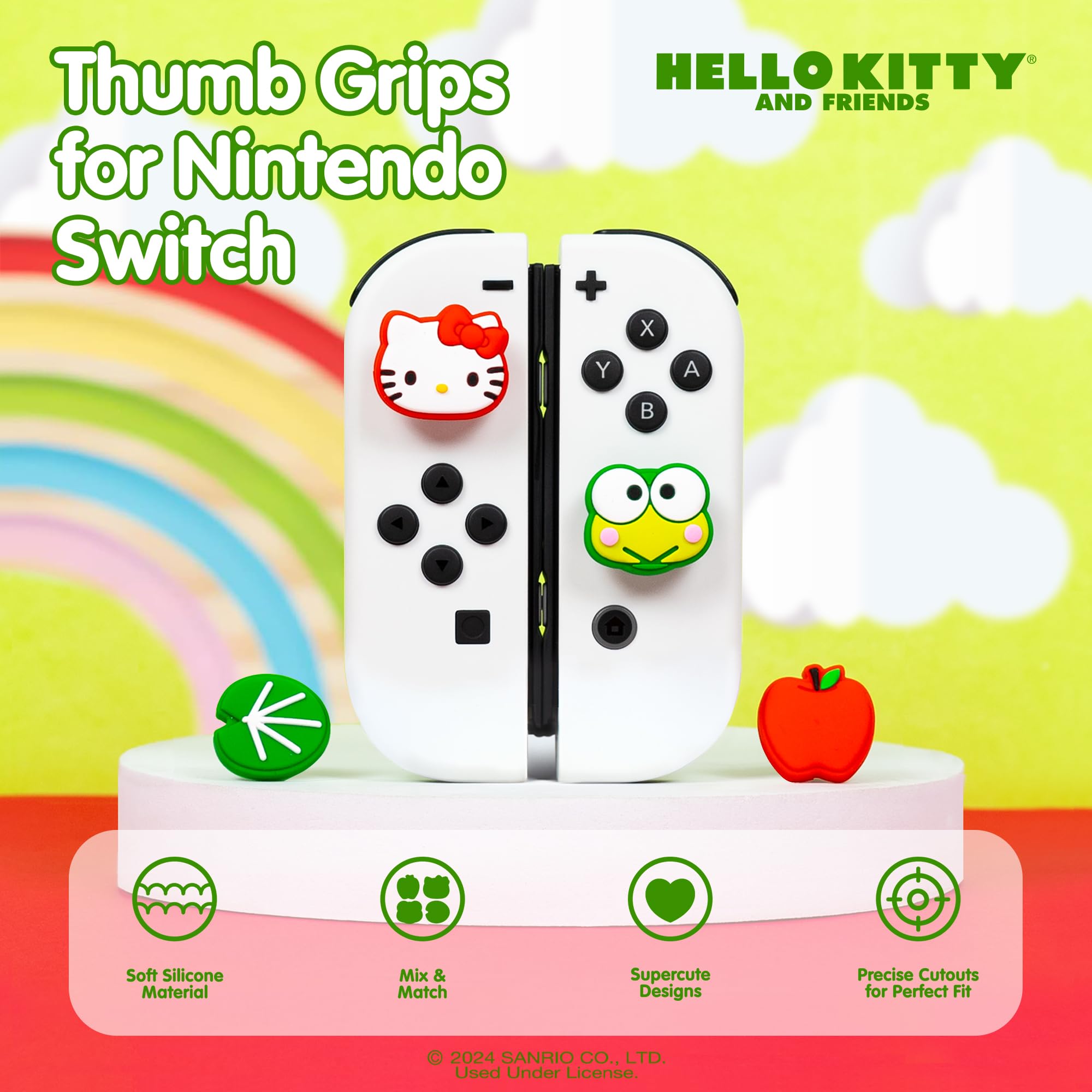 Hamee Hello Kitty & Friends Silicone Thumb Grips for Nintendo Switch OLED/Switch Lite - Soft Anti-Slip Joystick Cover Caps (Hello Kitty & Keroppi) - Perfect for Gaming Comfort & Controller Protection