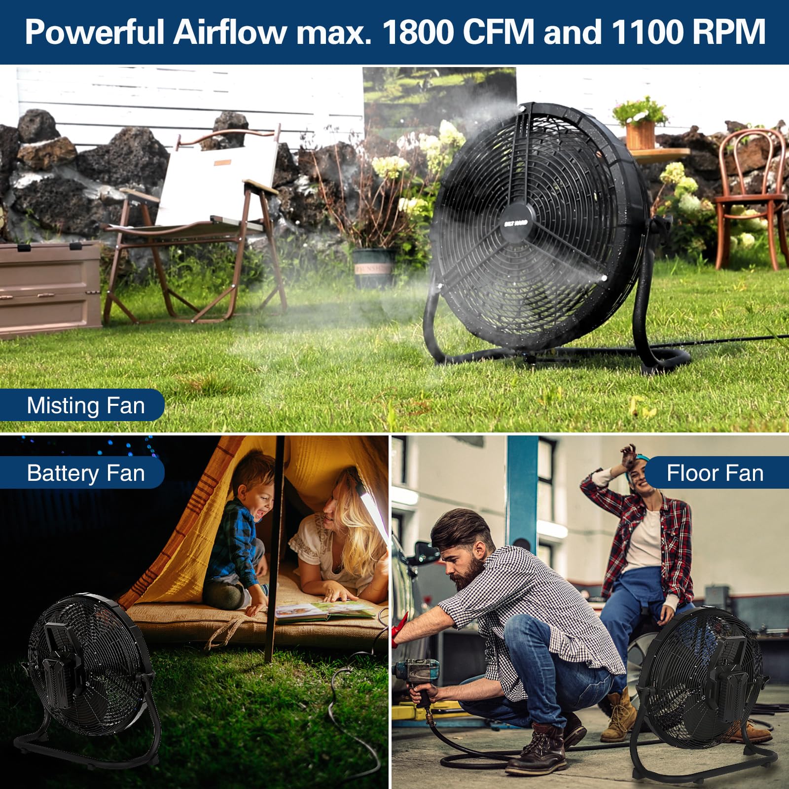 BILT HARD 16 Inch Outdoor Portable Misting Fan with 15600mAh Detachable Battery - Rechargeable Floor Fan for Patio, Camping, Travel, Backyard, BBQ & Outdoor Activities | Cooling Fan for Hot Weather