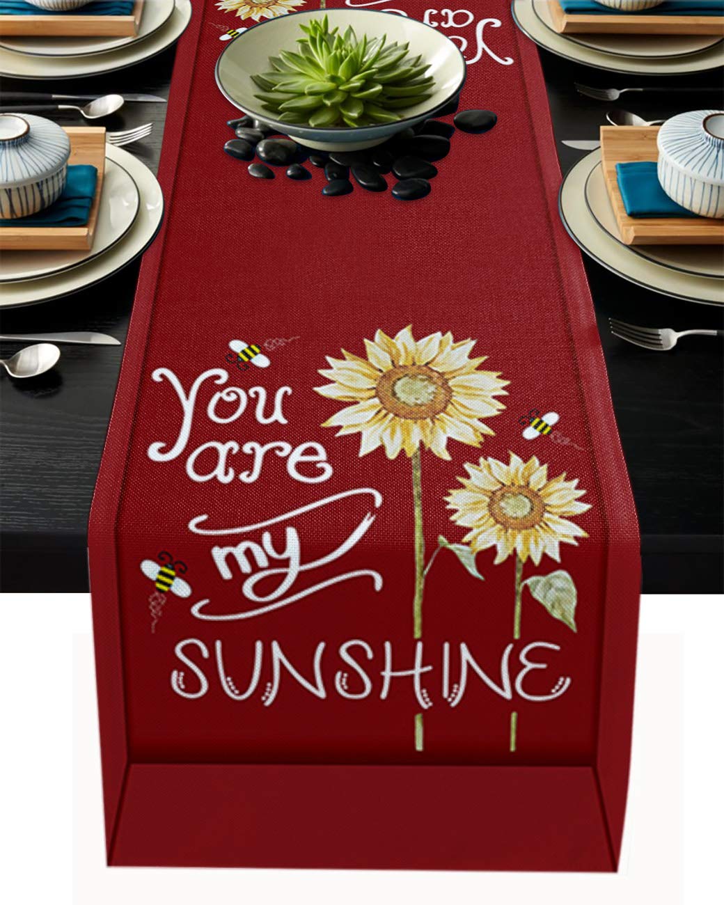 Linen Burlap Table Runner - Sunflower Bees Design for Kitchen & Wedding Decor