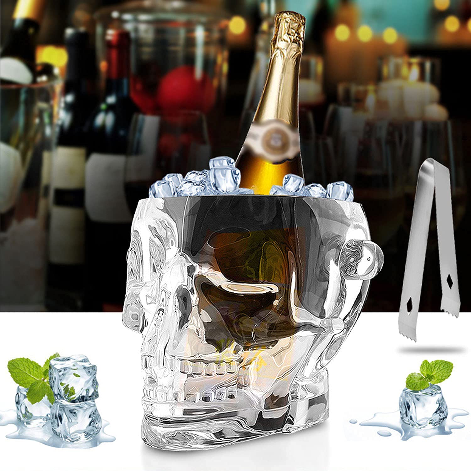 Skull Ice Bucket with Tongs - Clear Hard Plastic Halloween Party Cooler for Drinks & Cocktails - Perfect for Halloween Decor, Themed Parties & Home Bar Accessories