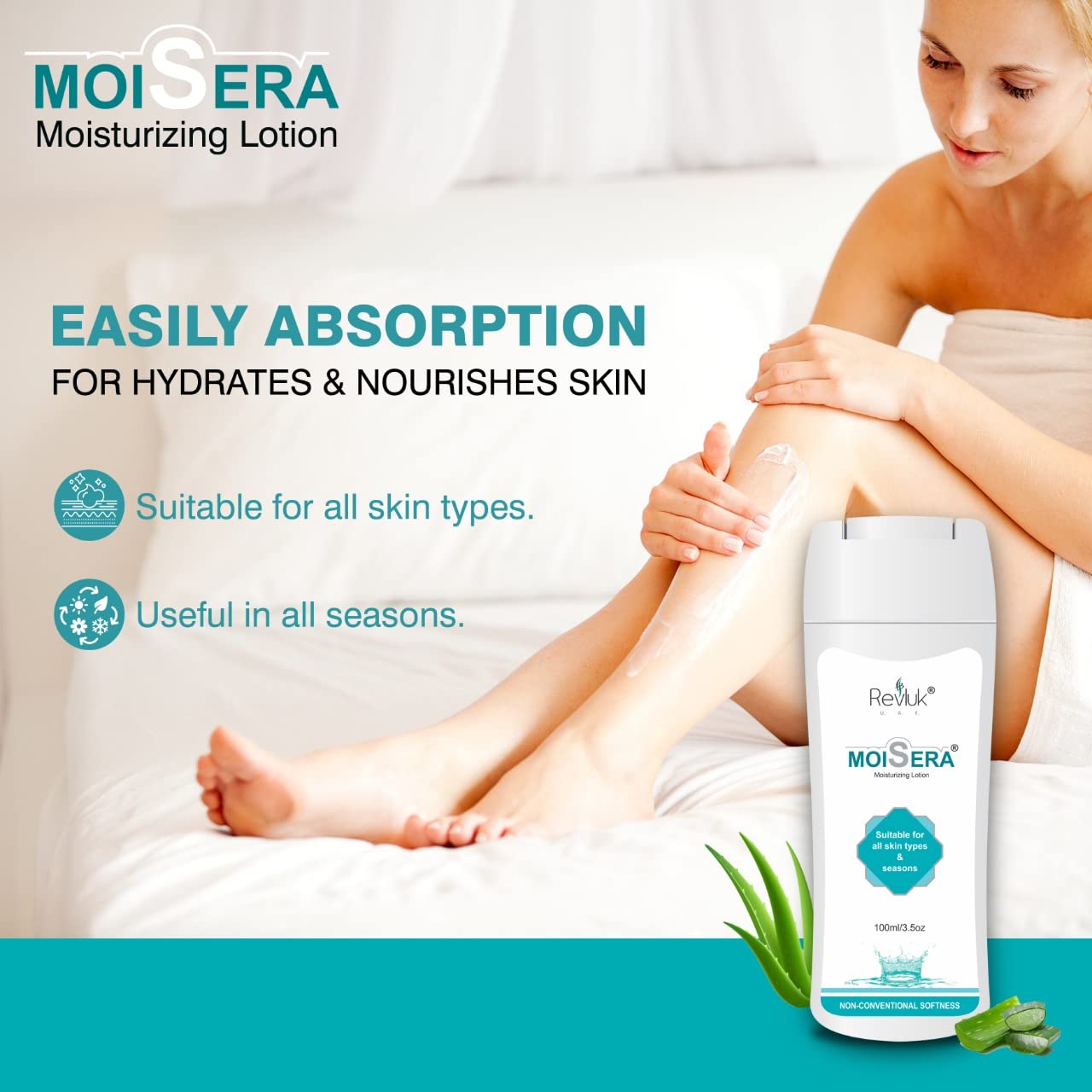 Revluk-Moisera Vitamin E & Aloe Vera Moisturizing Lotion with Almond Oil & Niacinamide - Hydrating Face & Body Cream for Dry, Sensitive & All Skin Types - 100ml | Daily Skincare Routine & Night Care