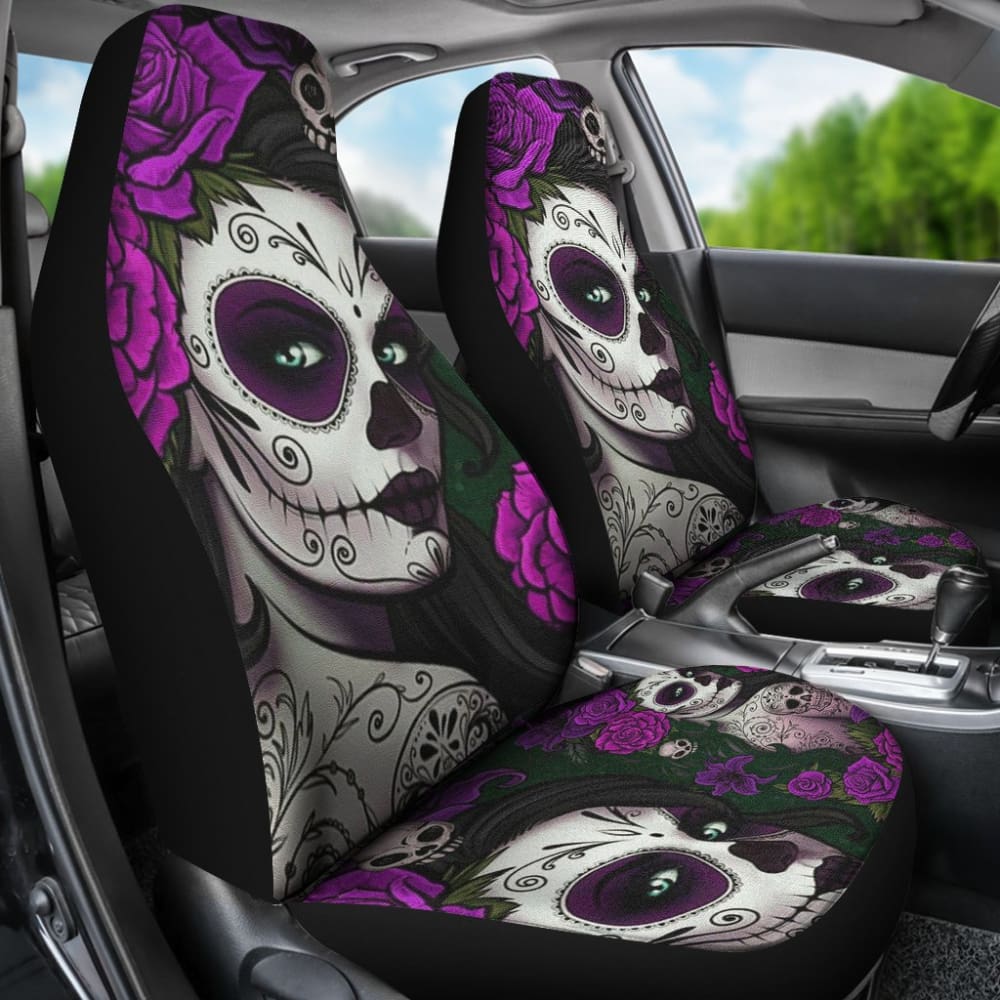 2 Pcs Sugar Skull Girls Car Seat Covers - Mexican Day of the Dead Design, Universal Fit for Most Vehicles, Soft & Durable - Perfect for Halloween, Dia de los Muertos, and Themed Parties