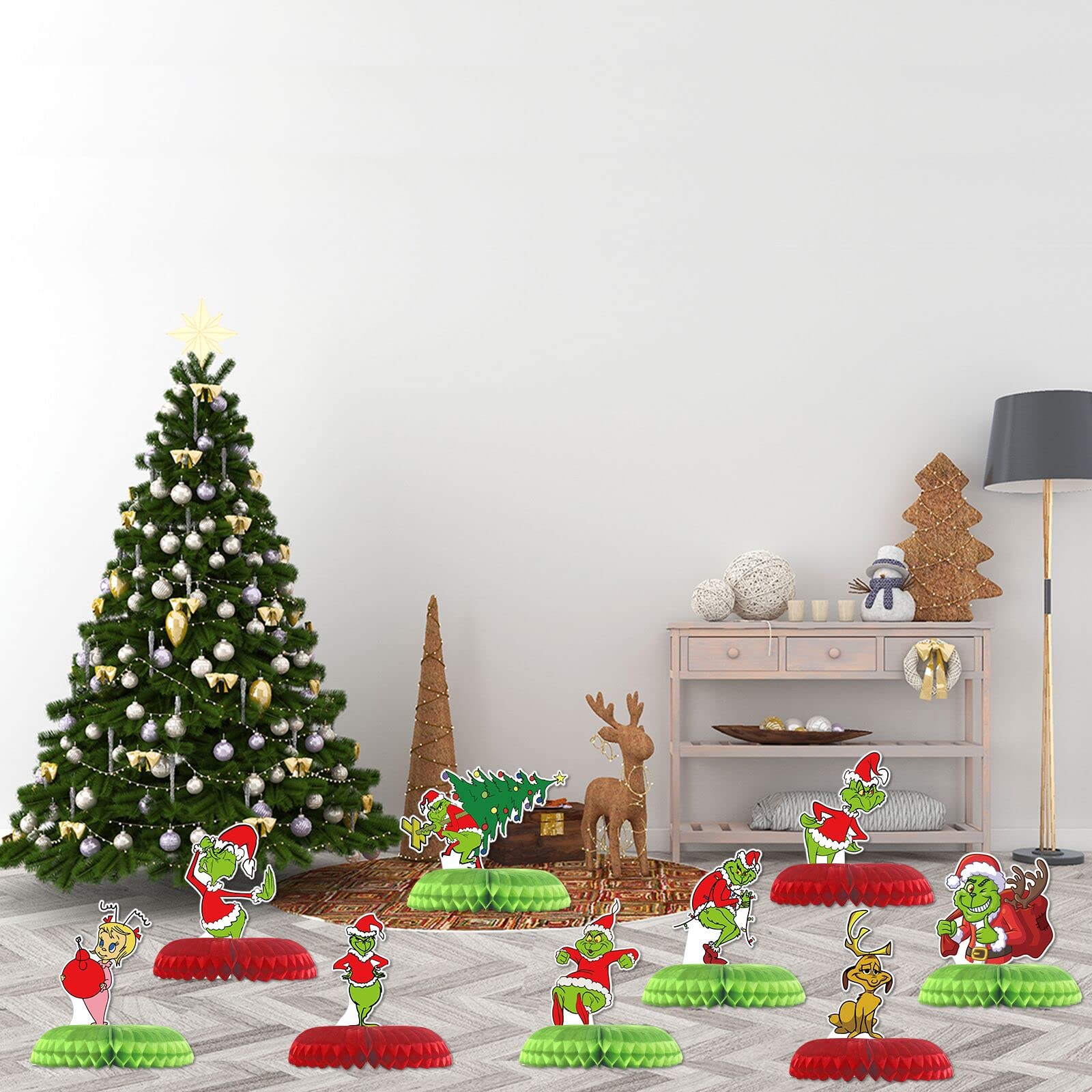 9-Piece Grinch Christmas Decorations Set - Honeycomb Tabletop Centerpieces for Holiday Parties, Home Decor & Themed Birthday Favors | Perfect for Christmas Tree Decor, Gift Exchanges & Festive Gatherings