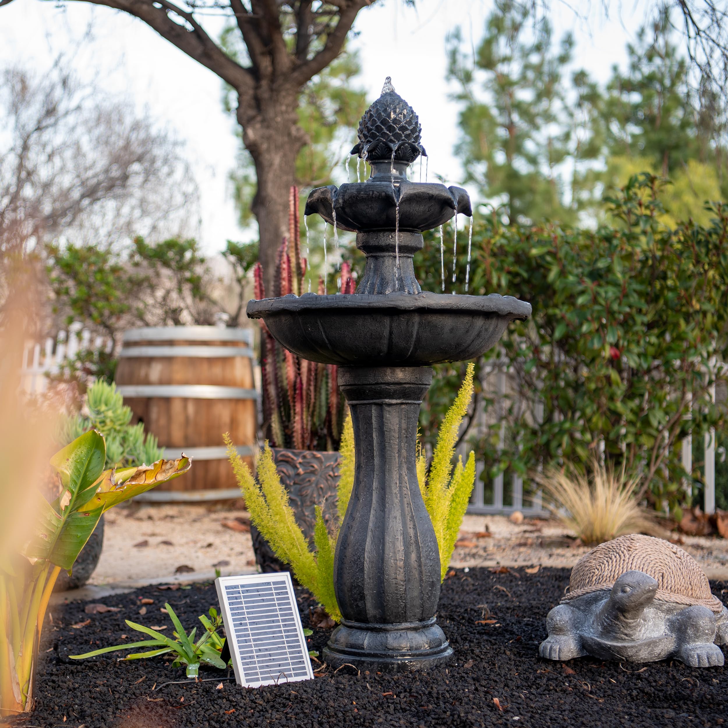 XBrand 44-Inch Tall Black Fiberglass/Resin 2-Tier Solar Water Fountain with Solar Panel & Auto-Shut Off Pump - Outdoor Garden Decor for Patio, Yard, and Landscape (Perfect for Bird Baths & Relaxation)