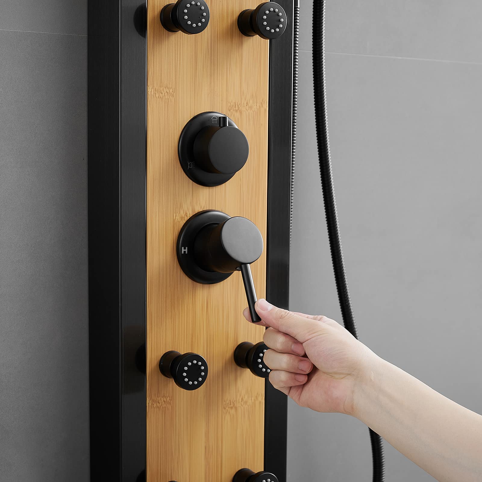 BWE 8-Jet Multifunction Shower Panel System - Black Stainless Steel & Bamboo Wood Massage Panel with Handheld Shower Wand - Wall Mount Shower Column for Spa-Like Relaxation in Bathroom