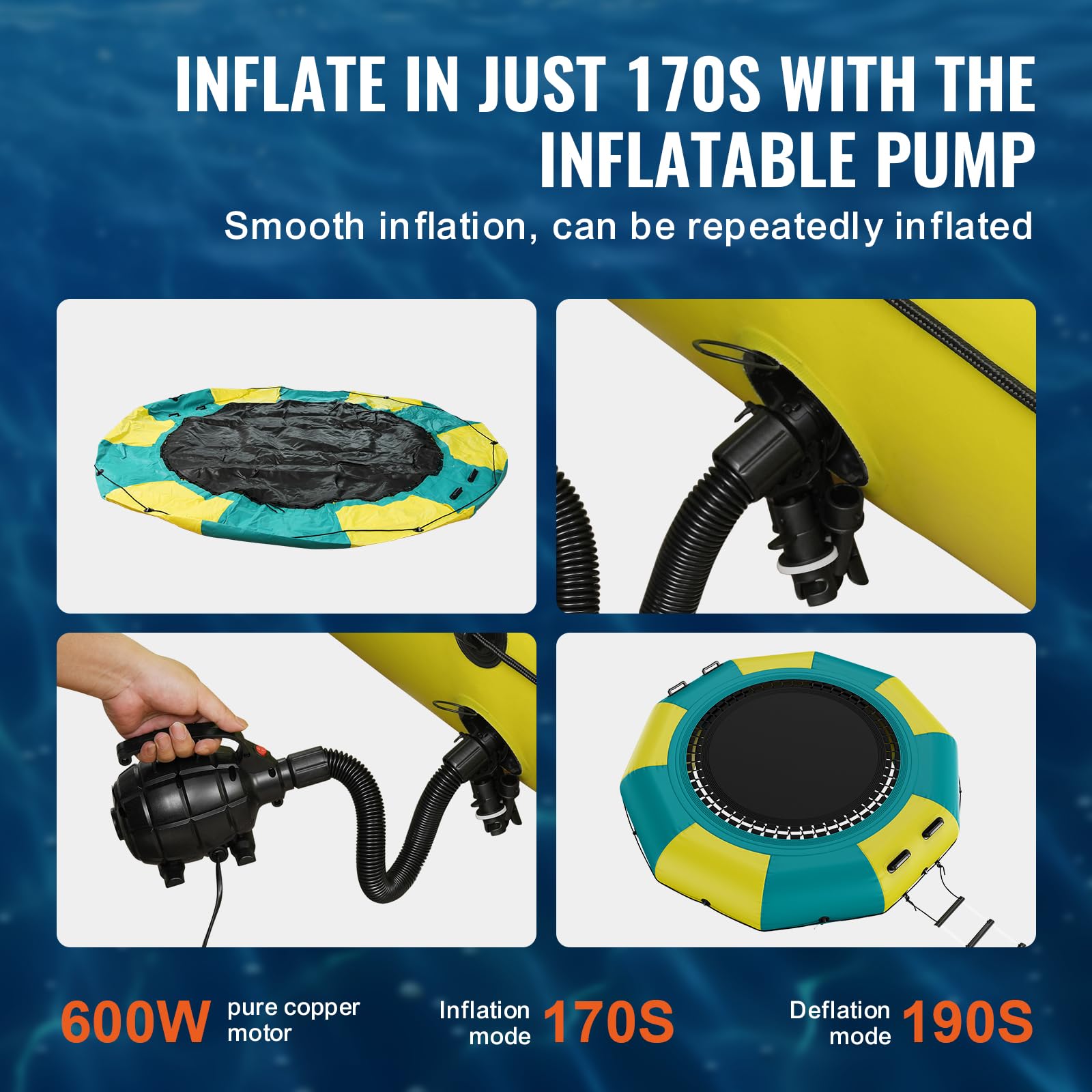 VEVOR 10ft Inflatable Water Bouncer - Portable Water Trampoline with Electric Air Pump & 3-Step Ladder - Floating Rebounder for Kids & Adults - Perfect for Pool, Lake, Beach & Water Sports Fun