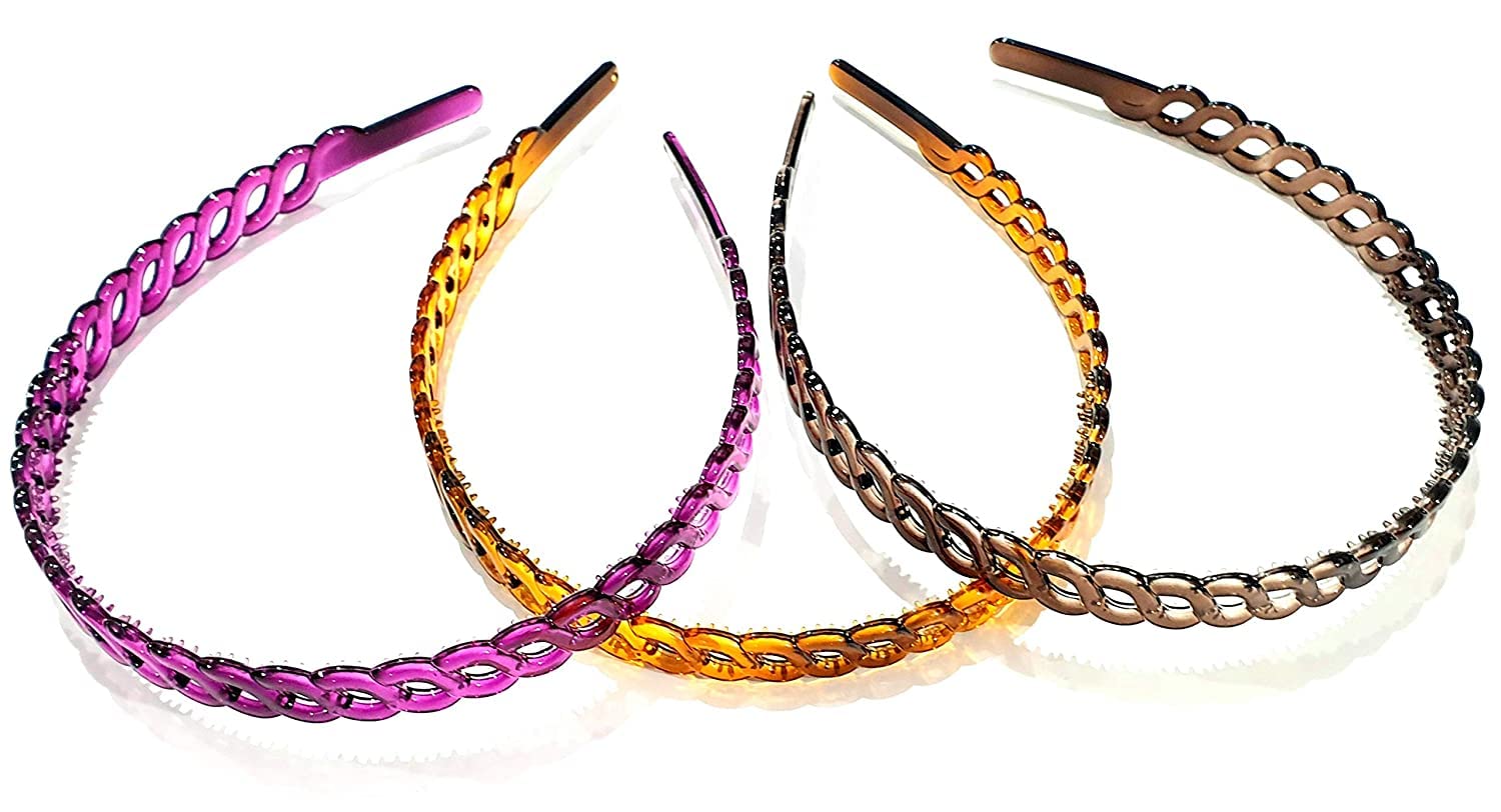 3-Piece Simple Fancy Plastic Elastic Hair Bands with Wavy Teeth Comb - Black & Brown Shine Headband Hoop Hair Accessories for Women & Girls - Perfect for School, Work, Parties and Everyday Styling