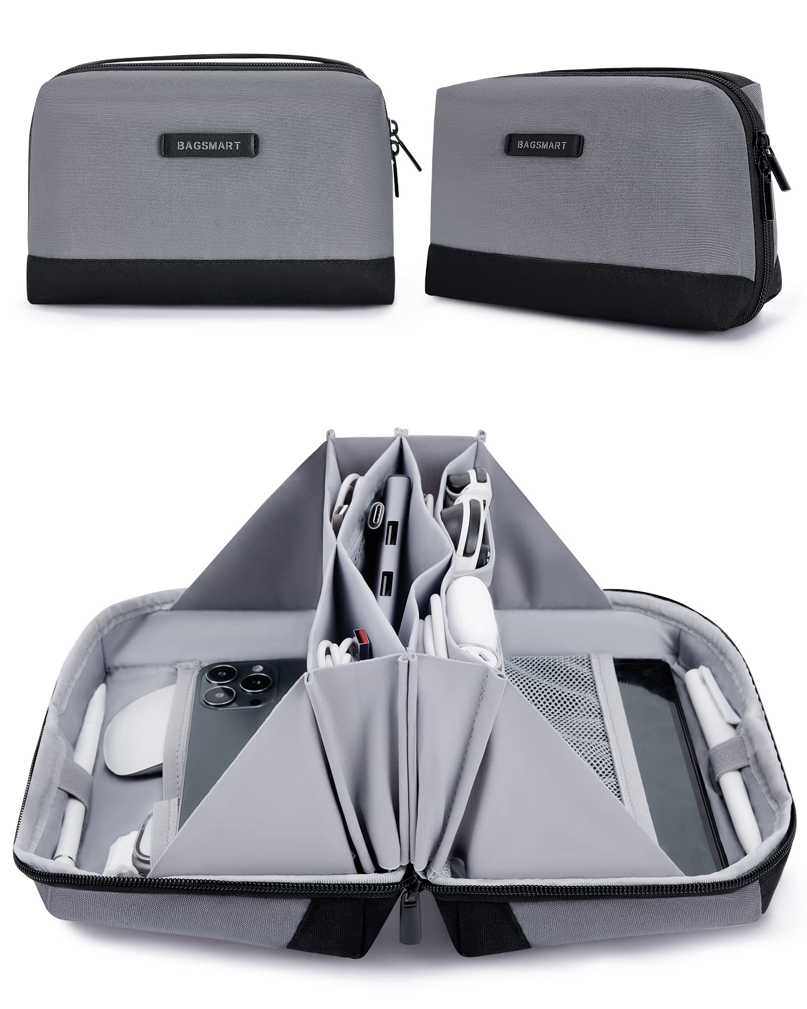 BAGSMART Electronics Organizer Pouch - Travel Tech Organizer Bag for Cables, Chargers & Accessories - Portable Cord Organizer with Handle for Men & Women (Grey) - Perfect for Business Trips, Vacations & Daily Commute